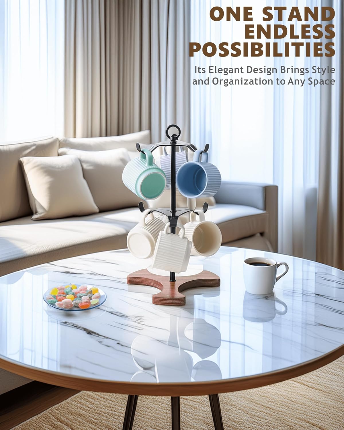 Mug Holder Tree for Countertop | 2-Tier Coffee Cup Stand & Rack Holds 6 Large Mugs, 5oz to 20oz | Space-Saving Mug Stand with Solid Wood Base | Kitchen Counter Organizer & Coffee Bar Accessories