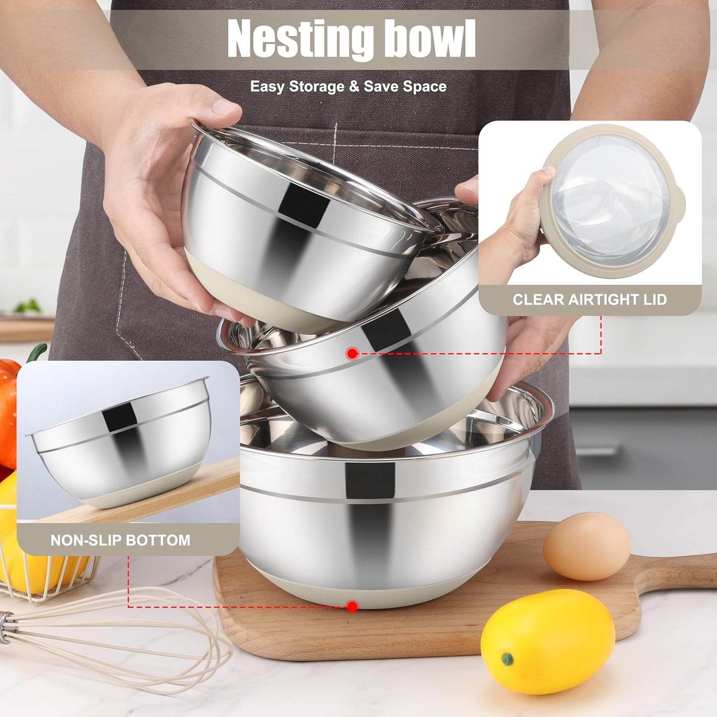 E-far Mixing Bowls with Lids Set, 15PCS Stainless Steel Mixing Nesting Bowl with Colander & 3 Metal Grater for Kitchen Prep/Baking/Storage, Non-Slip Bottom & Airtight Lid, 4.6, 3, 1.5, 1, 0.7QT, Khaki
