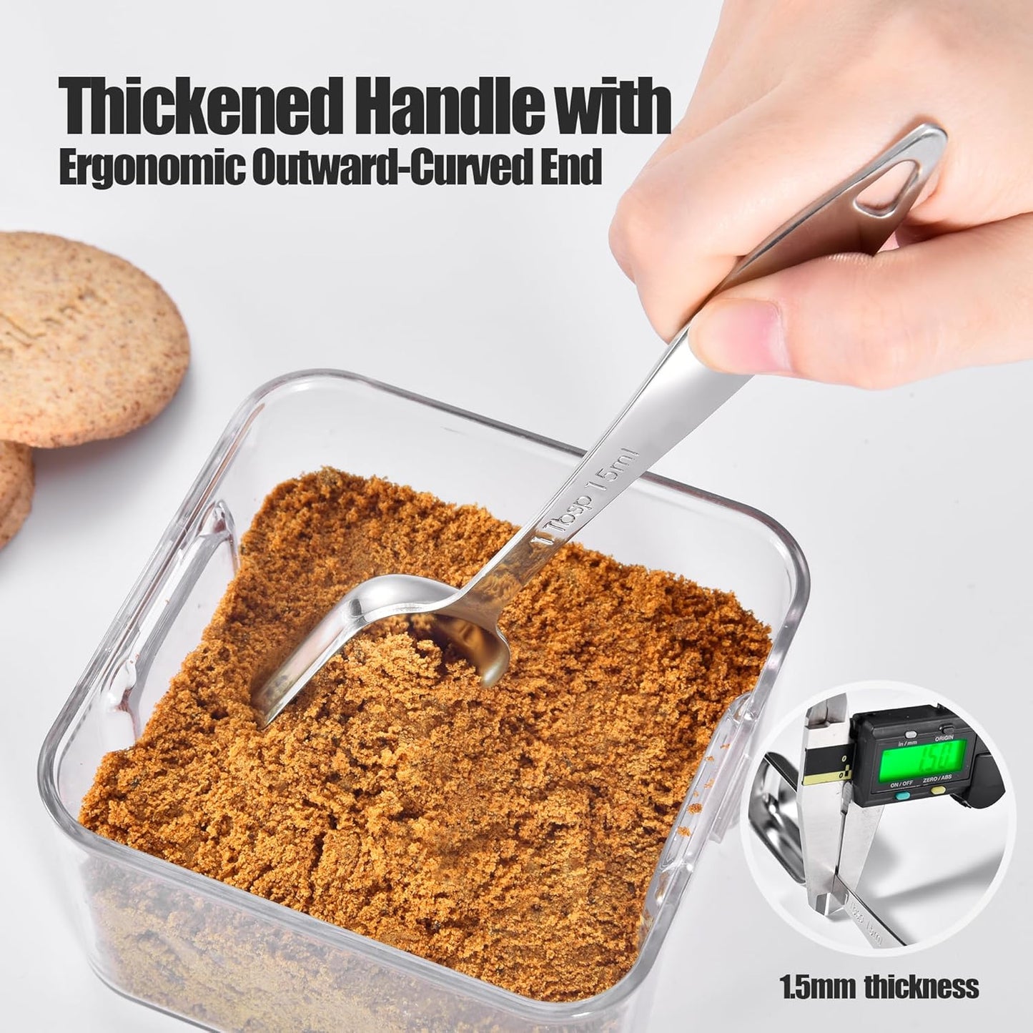 18/8 Stainless Steel Measuring Spoons: Doosu Heavy Duty Rectangular Spoon Square Teaspoon Tablespoon Scoop with Slim Long Handle in Narrow Spice Jar for Kitchen Baking Cooking (Set of 6 with Leveler)