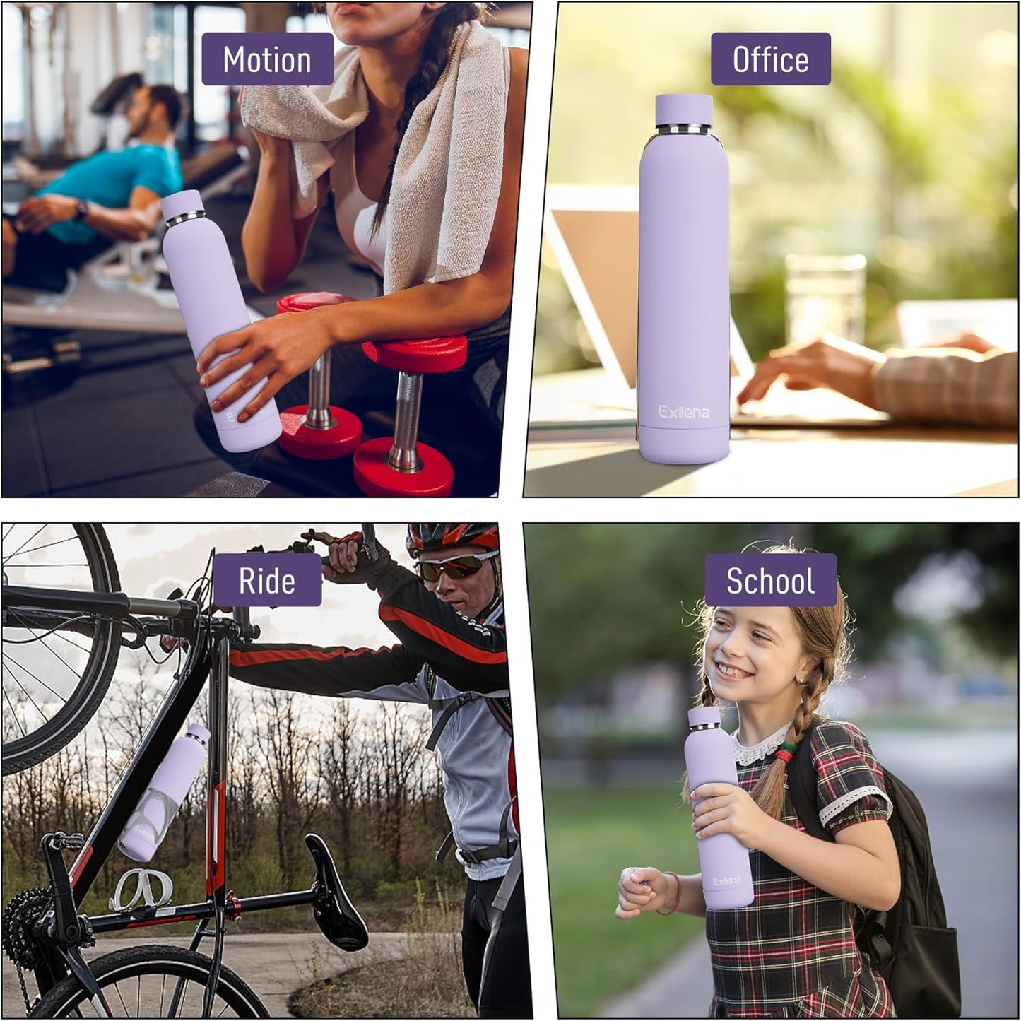 Slim Insulated Water Bottles for Travel 25oz with Clip, Double Wall Vacuum Stainless Steel Water Bottle Keeps Drinks Cold 24 Hrs/Hot 12 Hrs, 100% Leakproof, BPA Free(Purple)