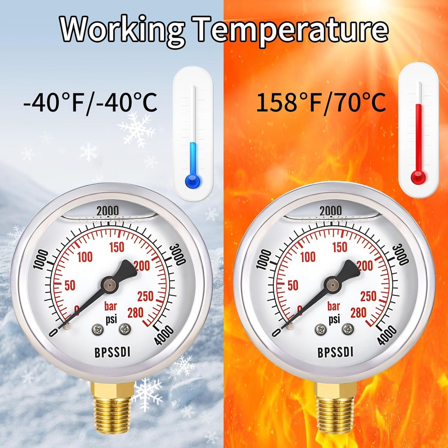 0-4000 Psi Glycerin Liquid Filled Hydraulic High Pressure Gauge, 2.5" Dial Size, 1/4" NPT Lower Mount, 304 Stainless Steel Case, for Water Oil Air Gas Pressure Test