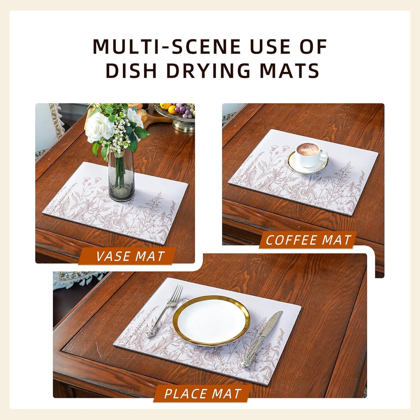 Dish Drying Mat, Absorbent Coffee Mat Rubber Backed, Soft Silicone Dish Drying Mat for Kitchen Counter or Sink for Kitchen Bathroom Coffee Bar (Plants, 12 x 16 Inches)