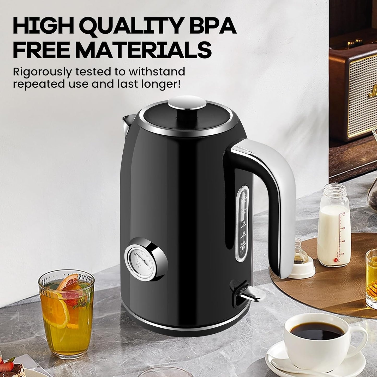 PUKOMC Electric Kettle, 1.7L Stainless Steel Tea Kettle with Temperature Gauge, 1500W Water Boiler with LED Light, BPA-Free, Auto Shut-Off and Boil-Dry Protection (Black)