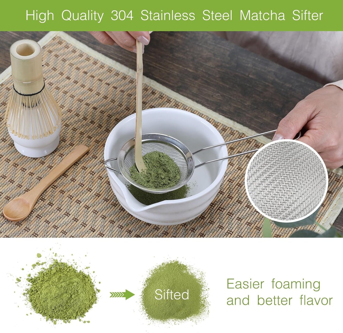 Matcha Whisk Set, 6 Pcs Matcha Set with Bamboo Matcha Scoop and Stainless Steel Sifter/Pouring Spout Ceramic Bowl/Matcha spoon/Matcha Whisk Holder, -19 oz Japanese Tea Ceremony Kit for Gifts (White)