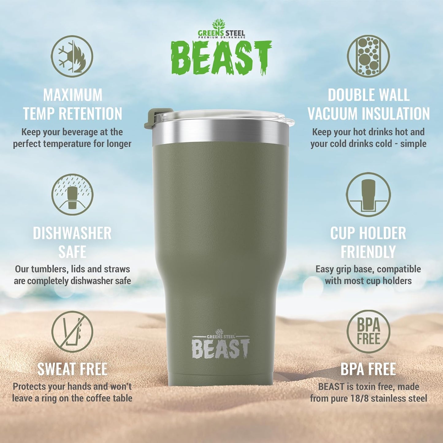 Beast 20 oz Tumbler Stainless Steel Vacuum Insulated Coffee Ice Cup Double Wall Travel Flask (Army Green)