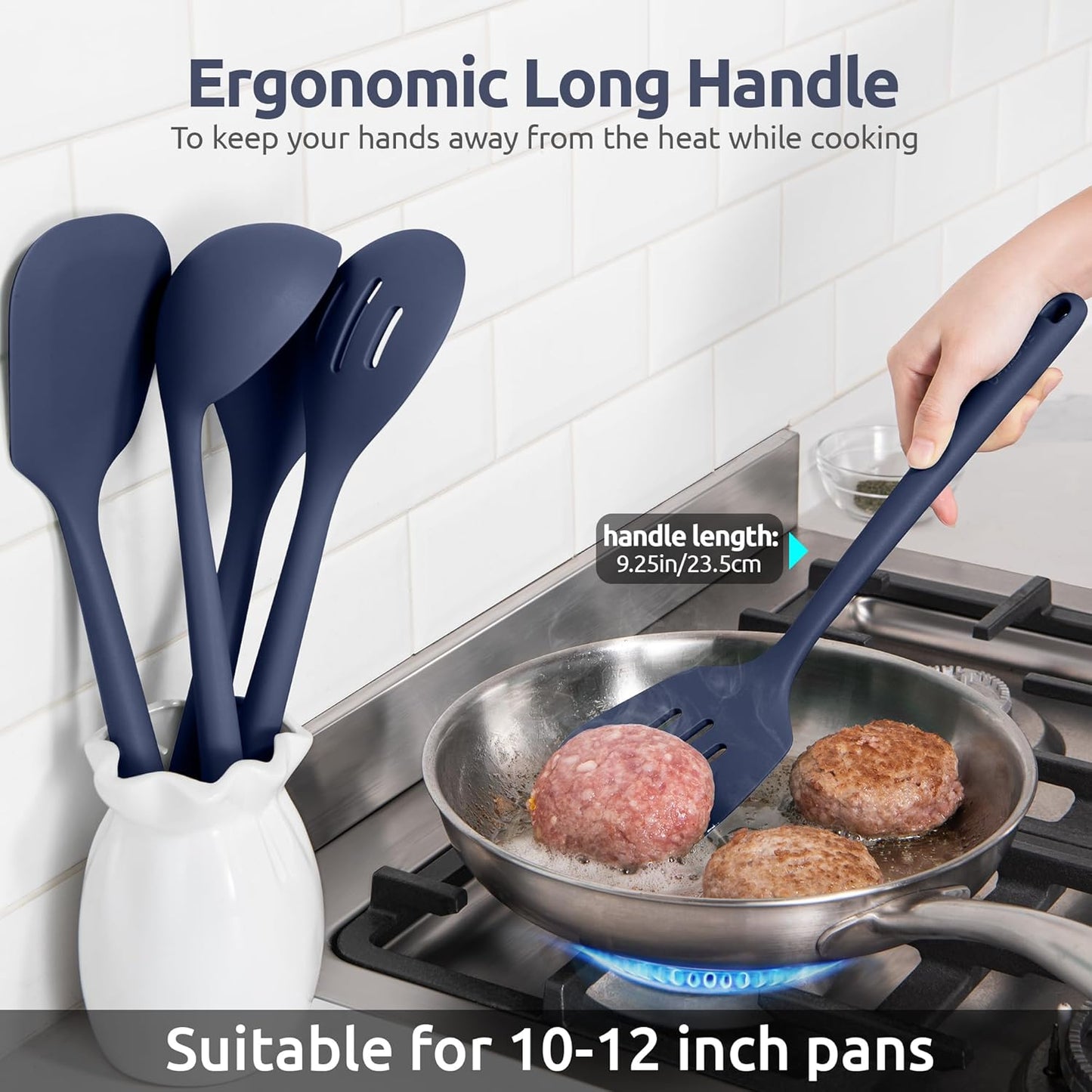 Silicone Kitchen Cooking Utensil Set: U-Taste High Heat Resistant 13.6in Kitchen Gadgets, BPA Free Non Stick Rubber Cook Accessories For Stir Frying, Serving, Basting, Mixing (5 Pieces, Midnight Blue)