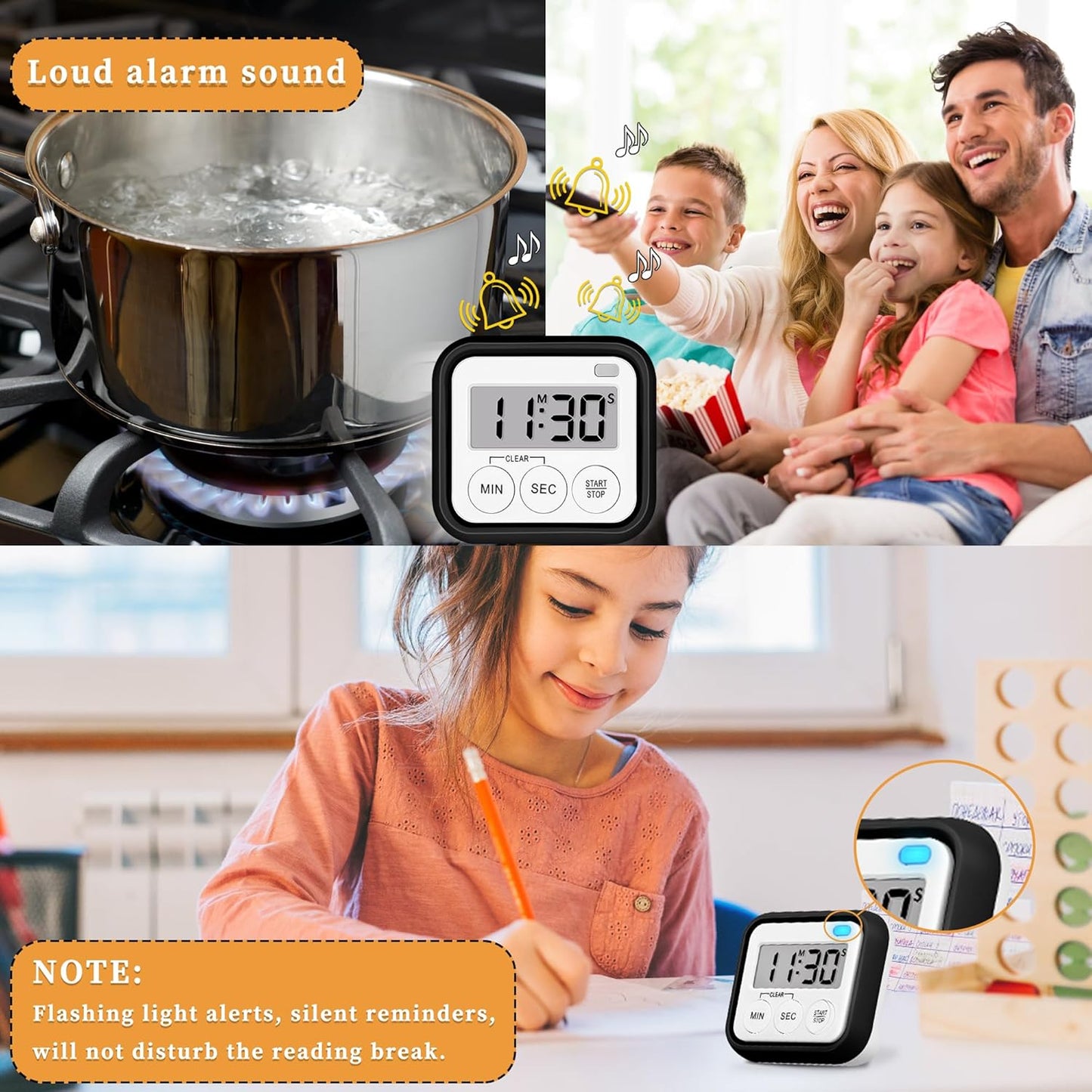 Timer, Kitchen Timers for Cooking Classroom Timer for Kids Teachers Magnetic Digital Timers 2 Pack, Black