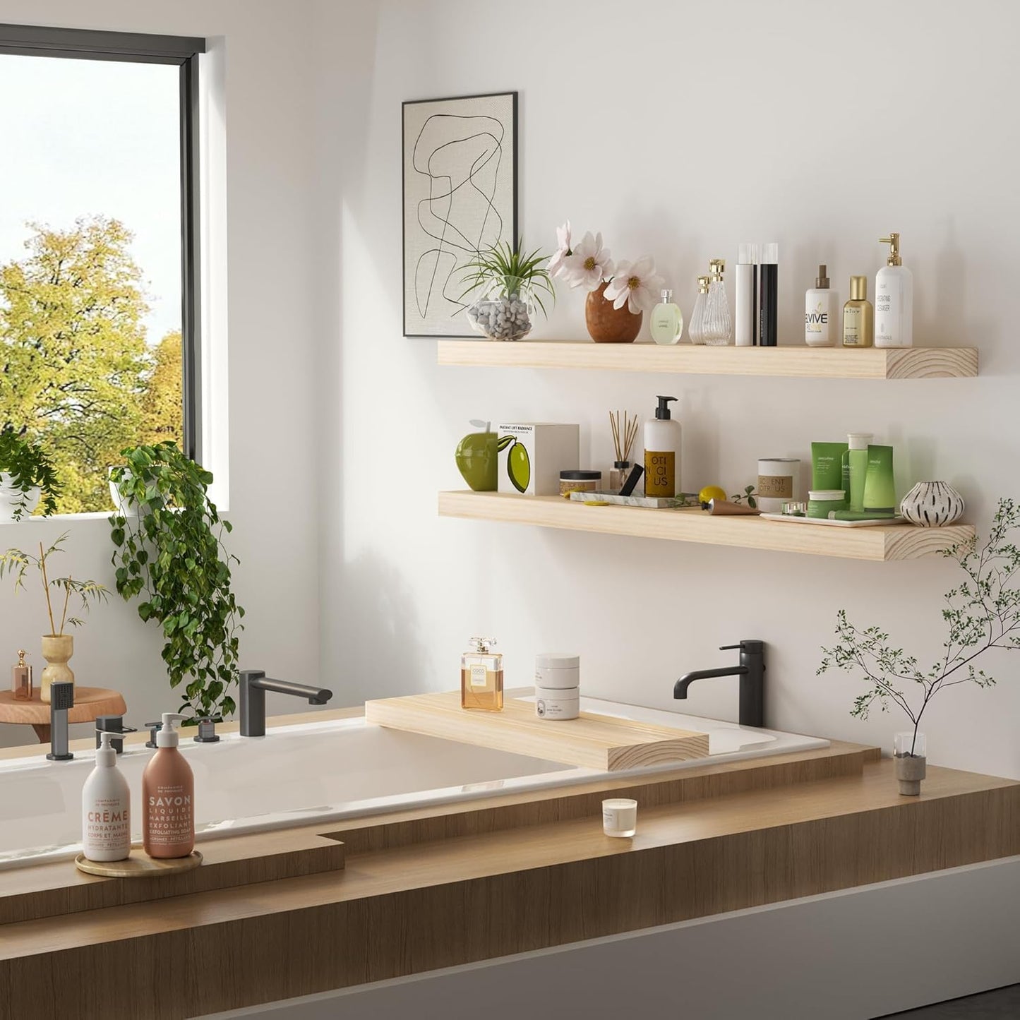 Vivelove Natural Wood Floating Shelves 48”,8 inch Deep Floating Shelf with Invisible Brackets, Unfinished Wall Shelves for Living Room, Bathroom, Kitchen, Bedroom, Home Decor, Set of 1 - Natural