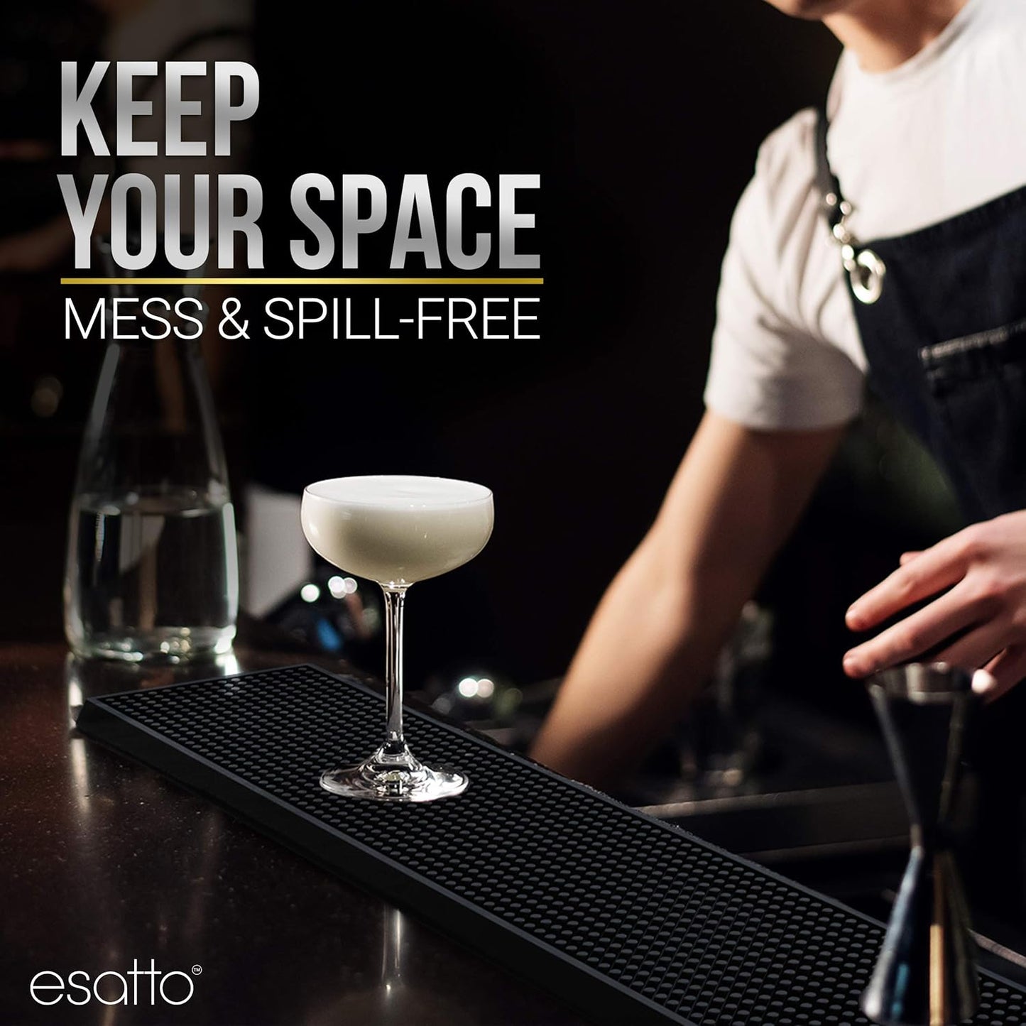 Esatto 27.5” x 3.87” XL Professional Service Spill Bar Supply Mat Anti-Skid Bartender Mat Non-Slip Black Bar Mat for Coffee Drinks Mixing Pad for Bars, Home, Kitchen, Pubs, Restaurants (2 Pack, Black)