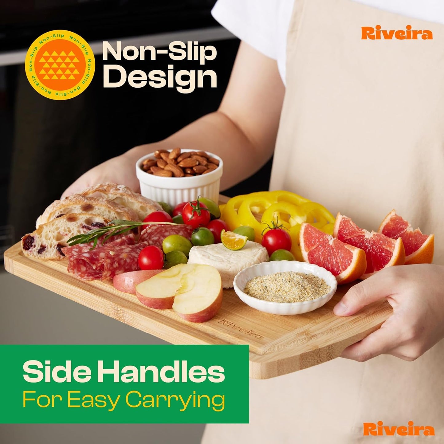 Riveira Two Tone Bamboo Wood Cutting Board – Gourmet Bamboo Grandeur: 20 x 14 Wooden Cutting Board – Wooden Cutting Boards For Kitchen Decorative – Innovative Juice Grooves Wooden Chopping Board