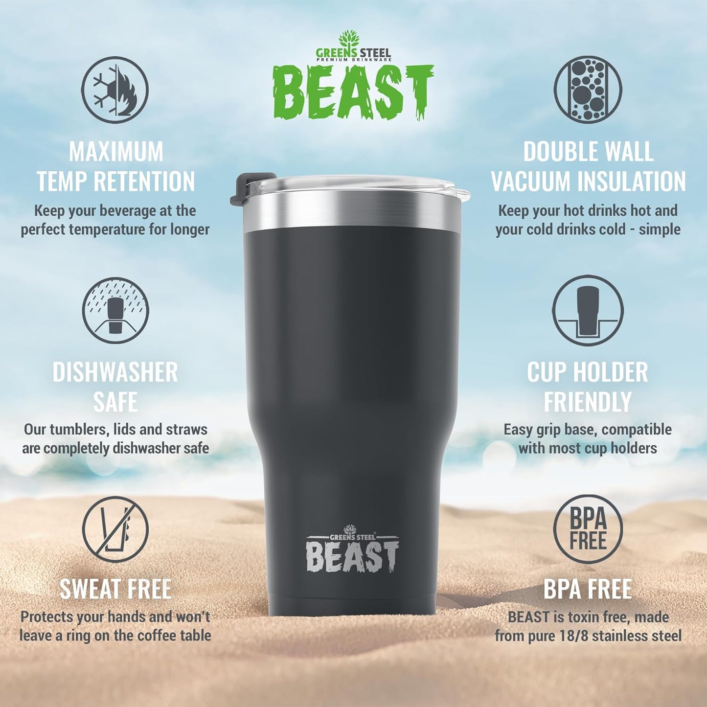 Beast 30 oz Tumbler Stainless Steel Vacuum Insulated Coffee Ice Cup Double Wall Travel Flask (Matte Black)