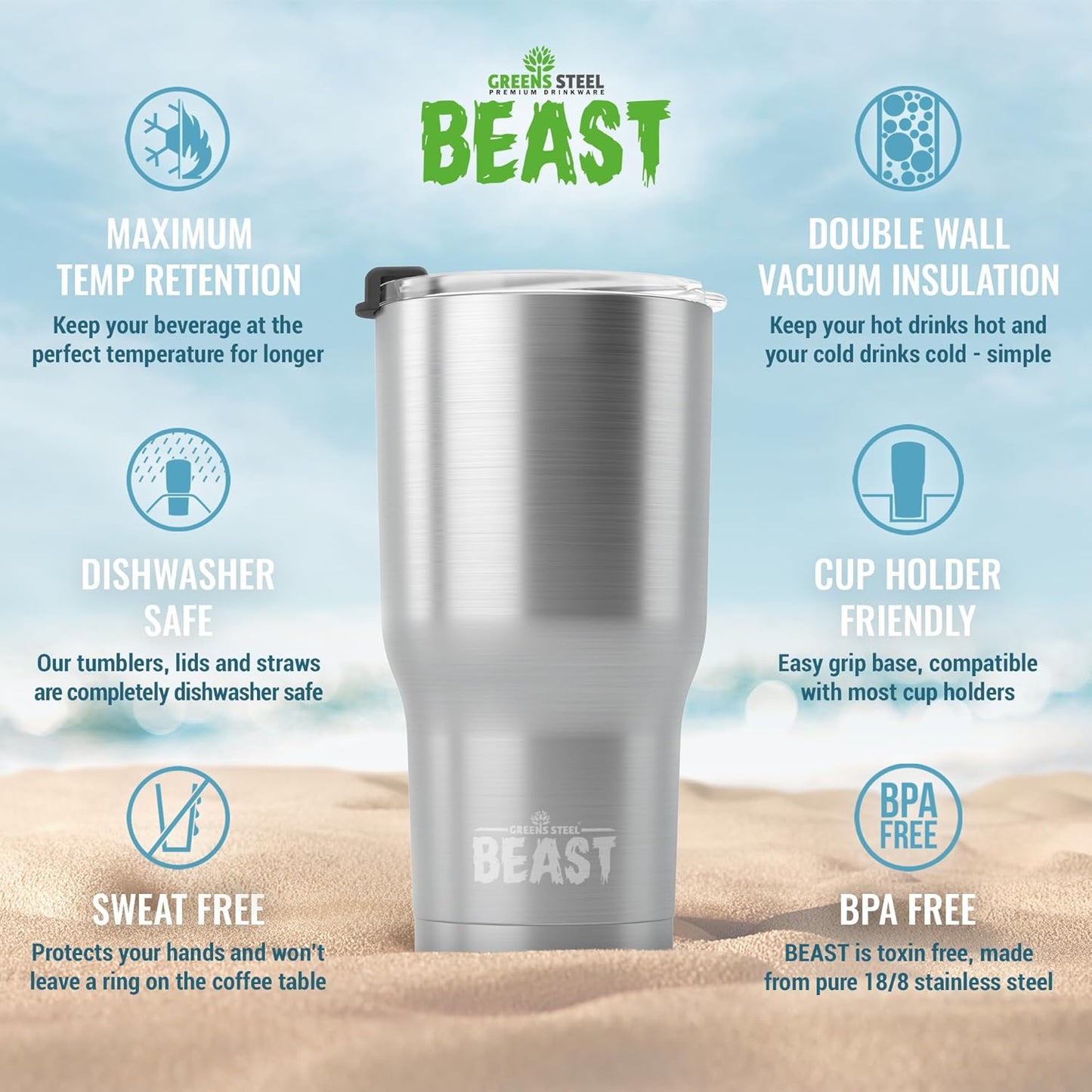 Beast 20 oz Tumbler Stainless Steel Vacuum Insulated Coffee Ice Cup Double Wall Travel Flask (Stainless Steel)