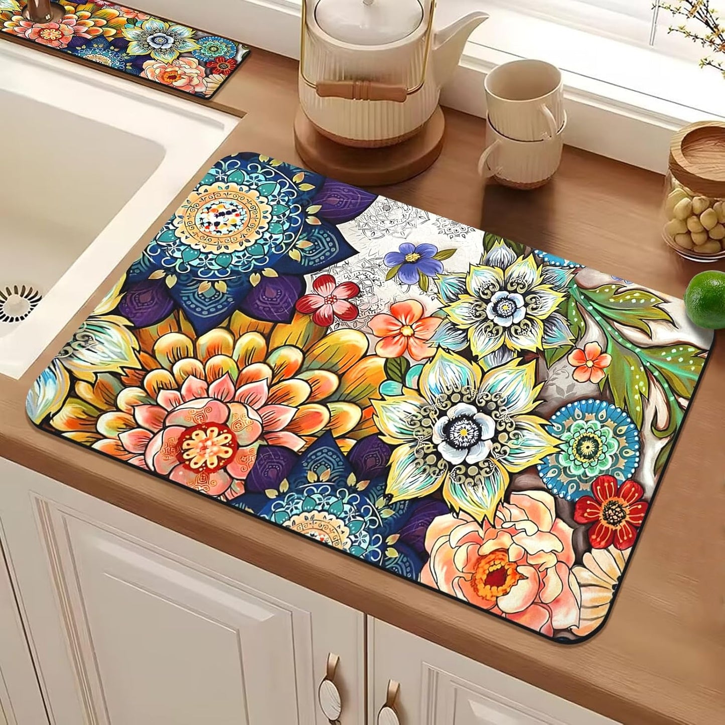 24.5" x 15.5" Dish Drying Mat & 24" x 5.5" Sink Splash Guard, Super Absorbent Drainer Rack Mat for Kitchen Counter Coffee Bar