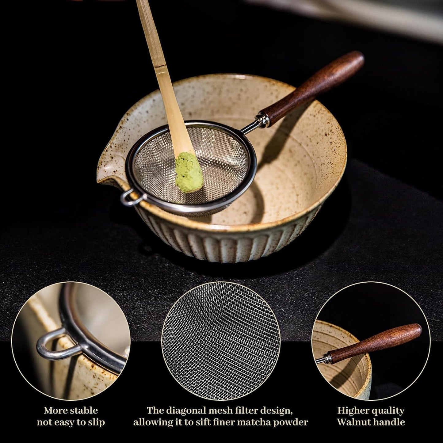 Matcha Set - Match Bowl with Spout and Whisk, 11 OZ, Scoop, Whisk and Holder, Sifter - 5pc Perfect Matcha Kit for Tea Ceremony (Mottled vintage)