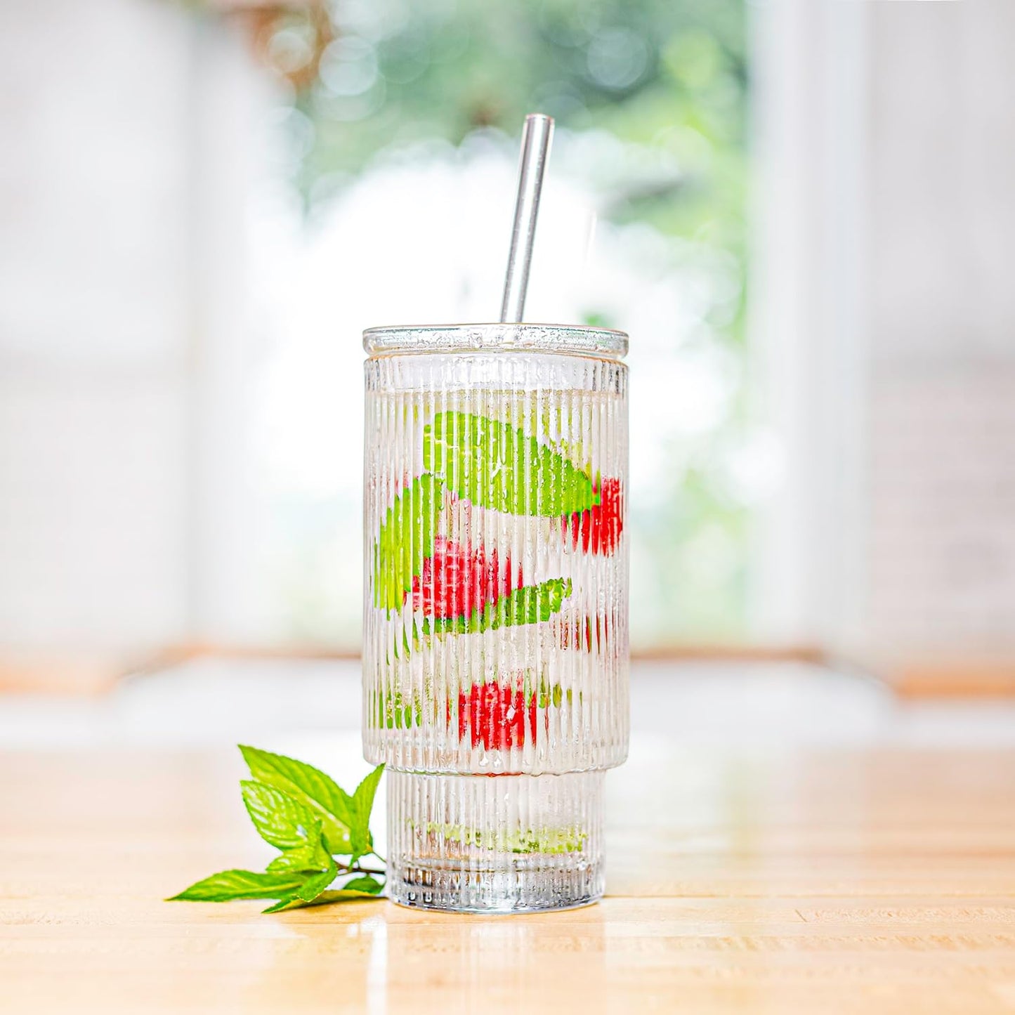 All Glass Iced Coffee Cup with Lid and Straw (16oz striped)