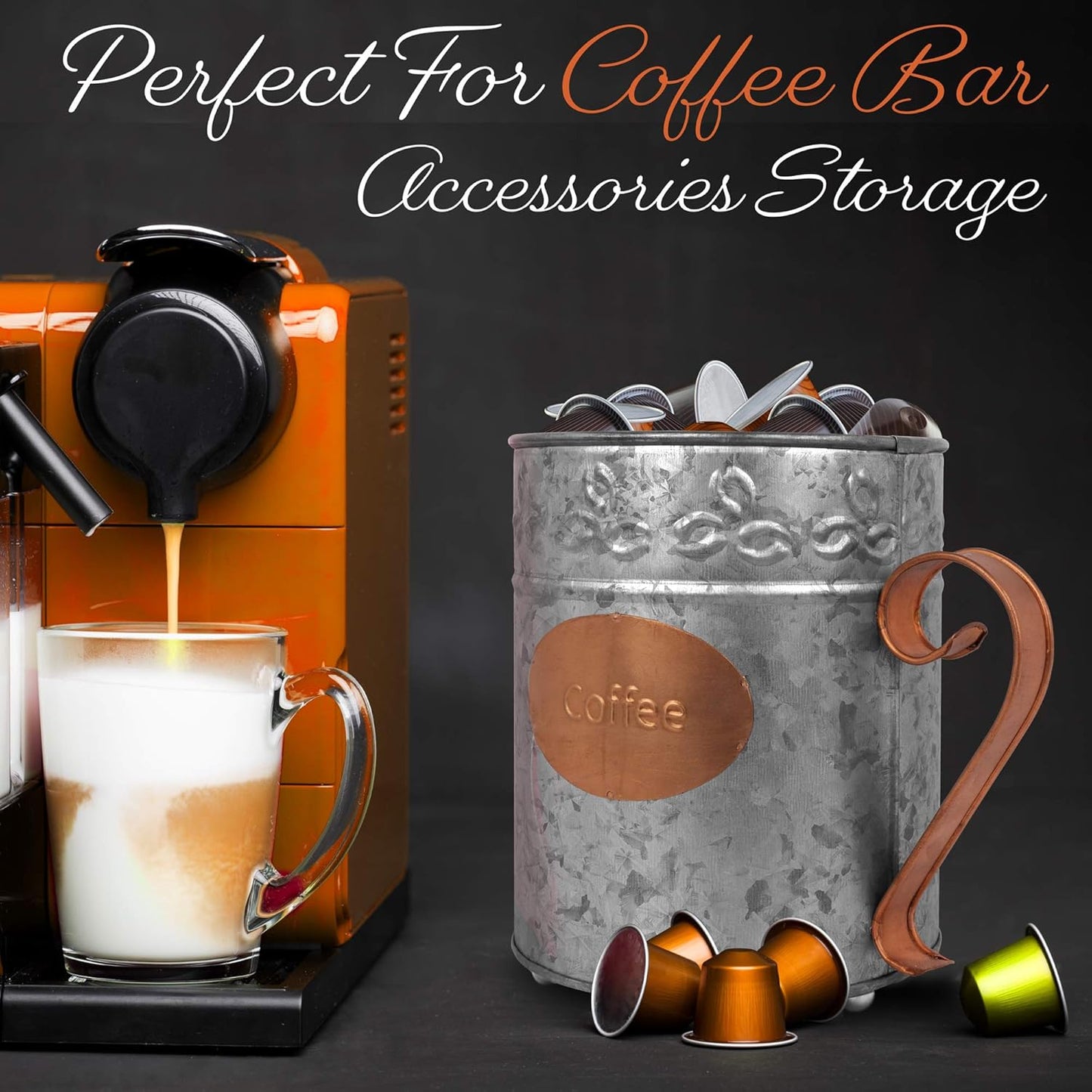 Autumn Alley Farmhouse Coffee Pod Holder Organizer – Galvanized Dual Toned Rustic Farmhouse Décor Basket for Counter – Vintage Copper Label & Handle – Industrial Chic Country Décor Accessories
