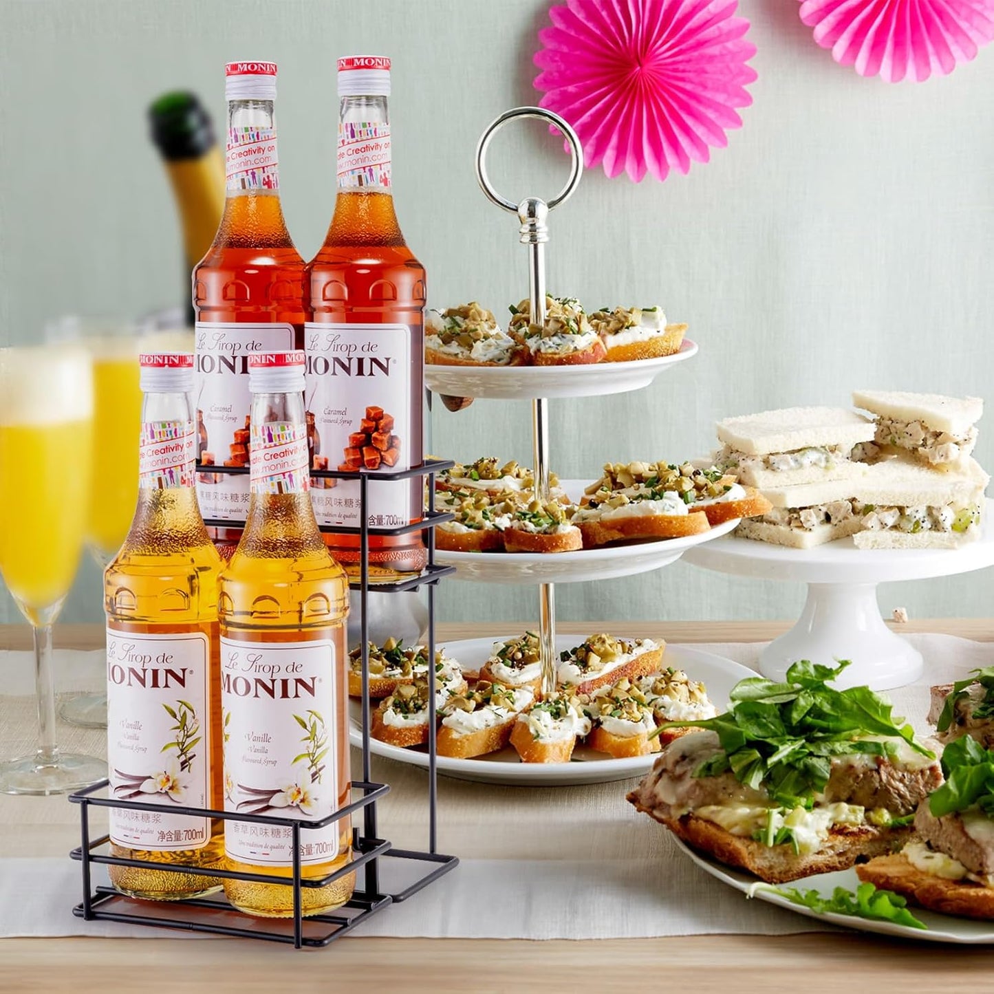 4 Bottle Coffee Syrup Organizer Coffee Syrup Rack for Coffee Bar Kitchen Small Wine Rack for Bar Family Storage for Syrup Wine Dressing