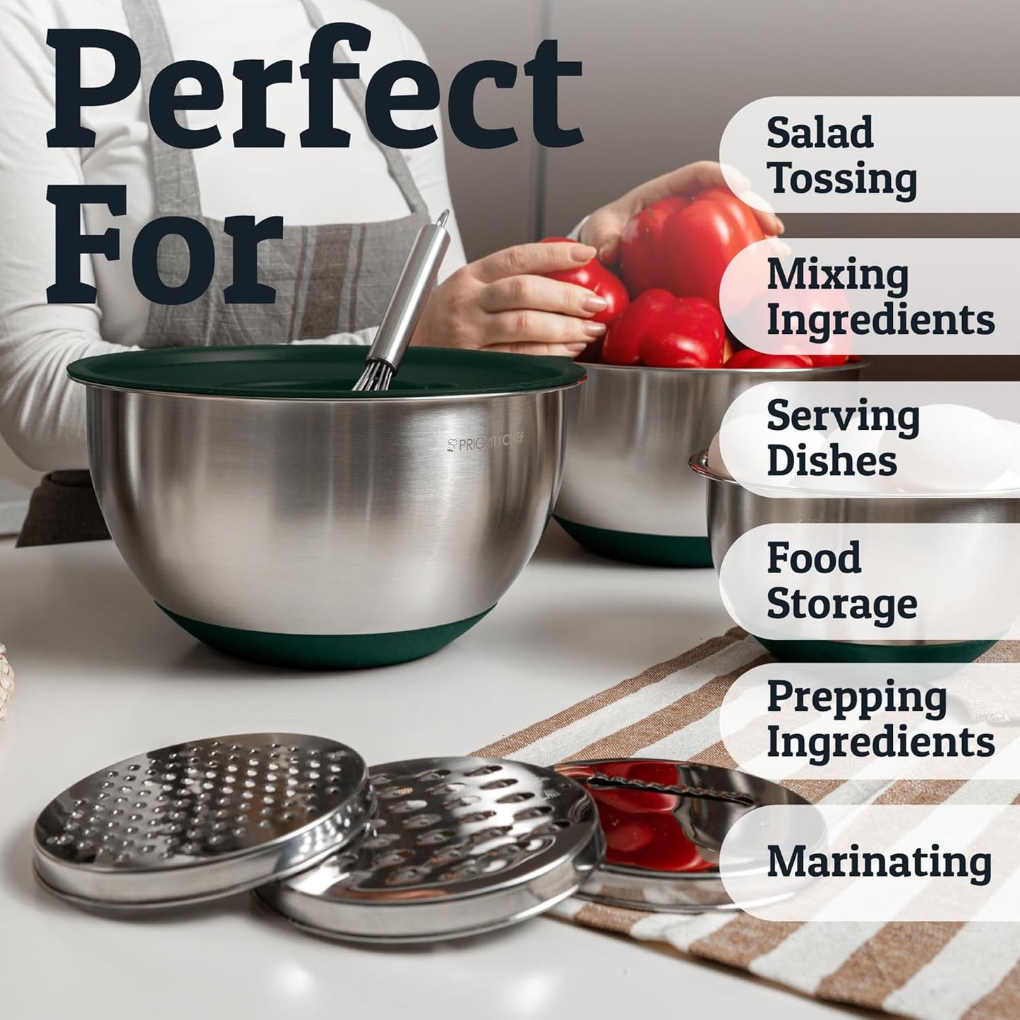 Priority Chef Stainless Steel Mixing Bowls with Lids Set, 3 Grater Attachments, Airtight Lids, Non-Slip Silicone Base Mixing Bowl Set, Large Prep Metal Mixing Bowls for Kitchen, Green