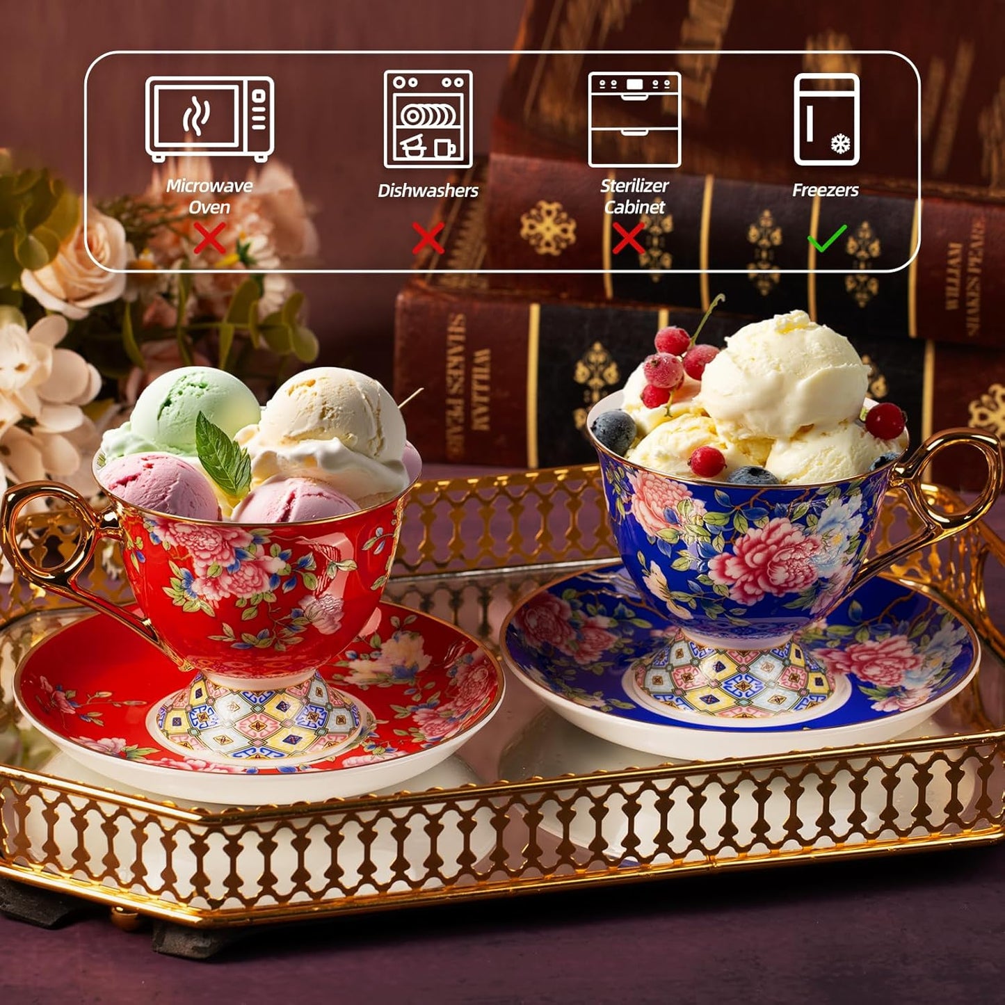 KAMMAK Tea Cups and Saucers Set of 2, Porcelain Coffee Cup with Saucer for Espresso, Cappuccino, 9.8oz Vintage Yellow Floral Ceramic Demitasse Mug for Home, Tea Party, Office