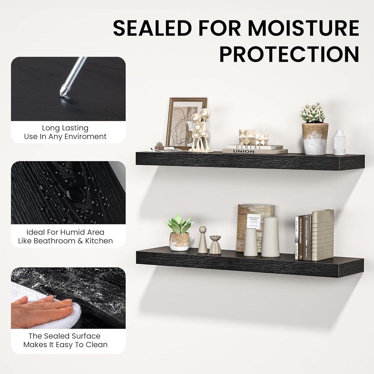 Floating Shelves for Wall, 55"W x 9.3"D x 1.5"H, Long Wooden Wall Mounted Display Shelves with Invisible Brackets for Living Room, Bedroom, Bathroom, Kitchen Decor and Storage, Set of 1, Black