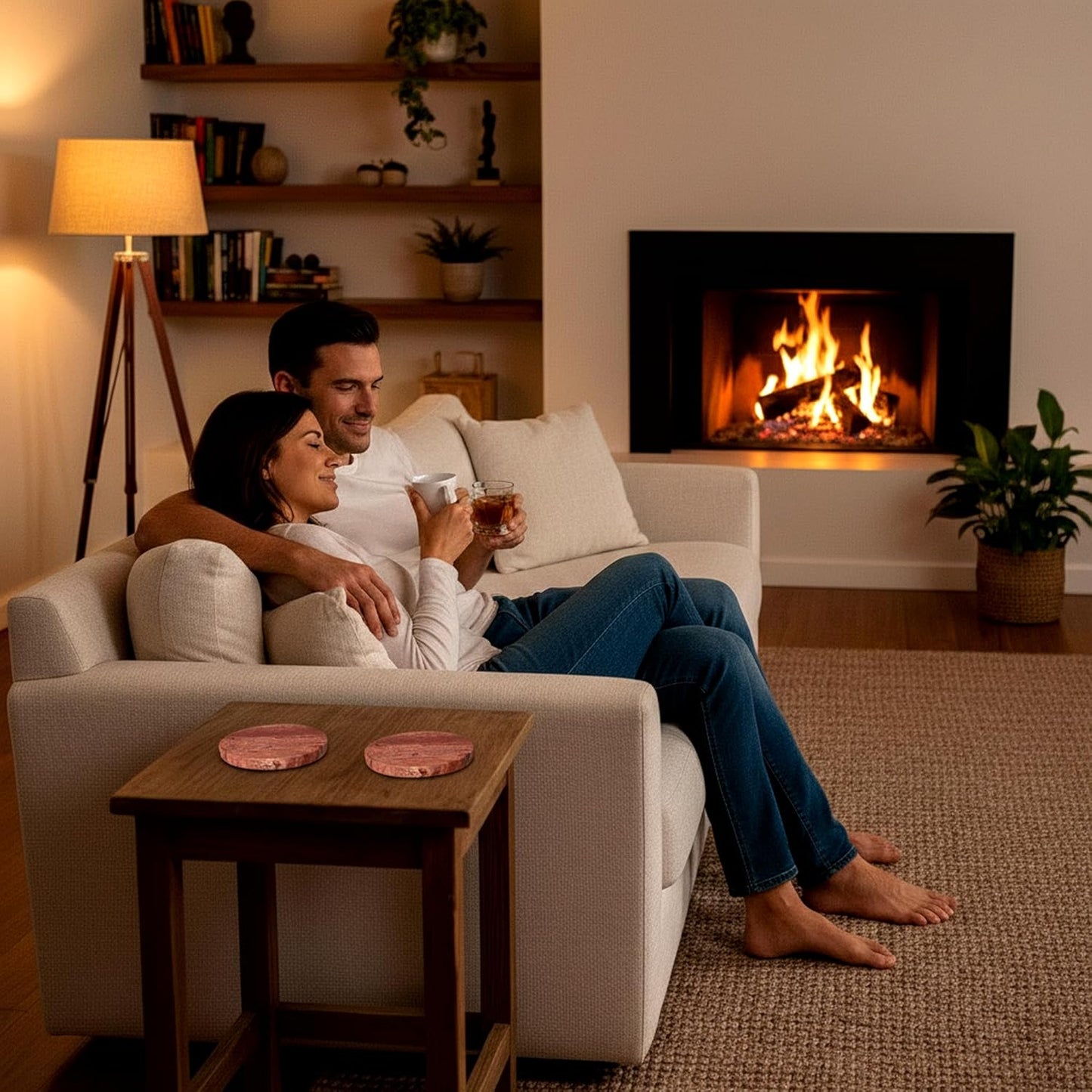 CASACOUTURE-Red Travertine-Stone-Coasters Set of 4-Round -4" Diameter Drink Coasters for Housewarming Desktop Protection Suitable for Various Cups - Sturdy and Durable Aesthetics