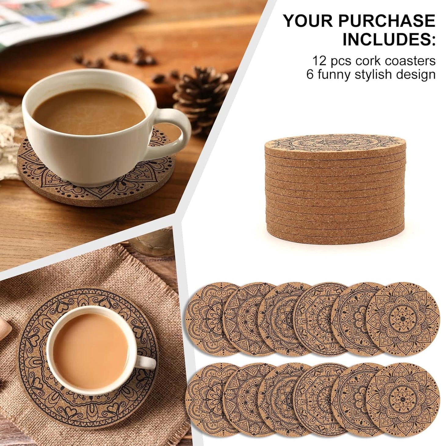 Coasters for Drinks 12 pcs Absorbent Cork Coasters with Flower Pattern Housewarming Gifts for New Home Present for Friends, Living Room Decor, Apartment Decor