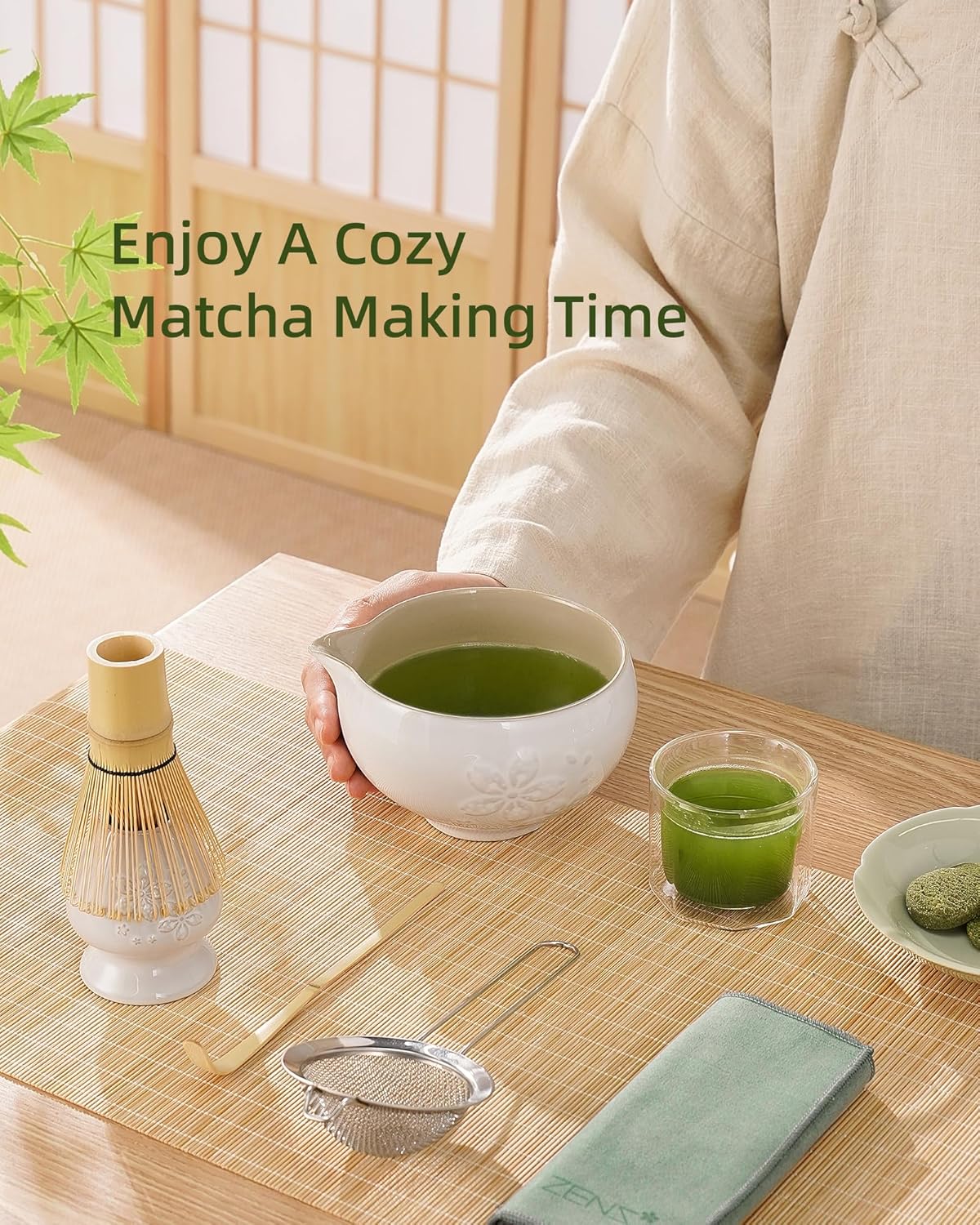 ZENS Matcha Whisk Set, Ceramic Matcha Set Includes 15oz Sakura Bowl, Bamboo Whisk & Chasen Holder, Scoop & Sifter-Tea Towel, 6pcs Matcha Kit for Matcha Lovers, White