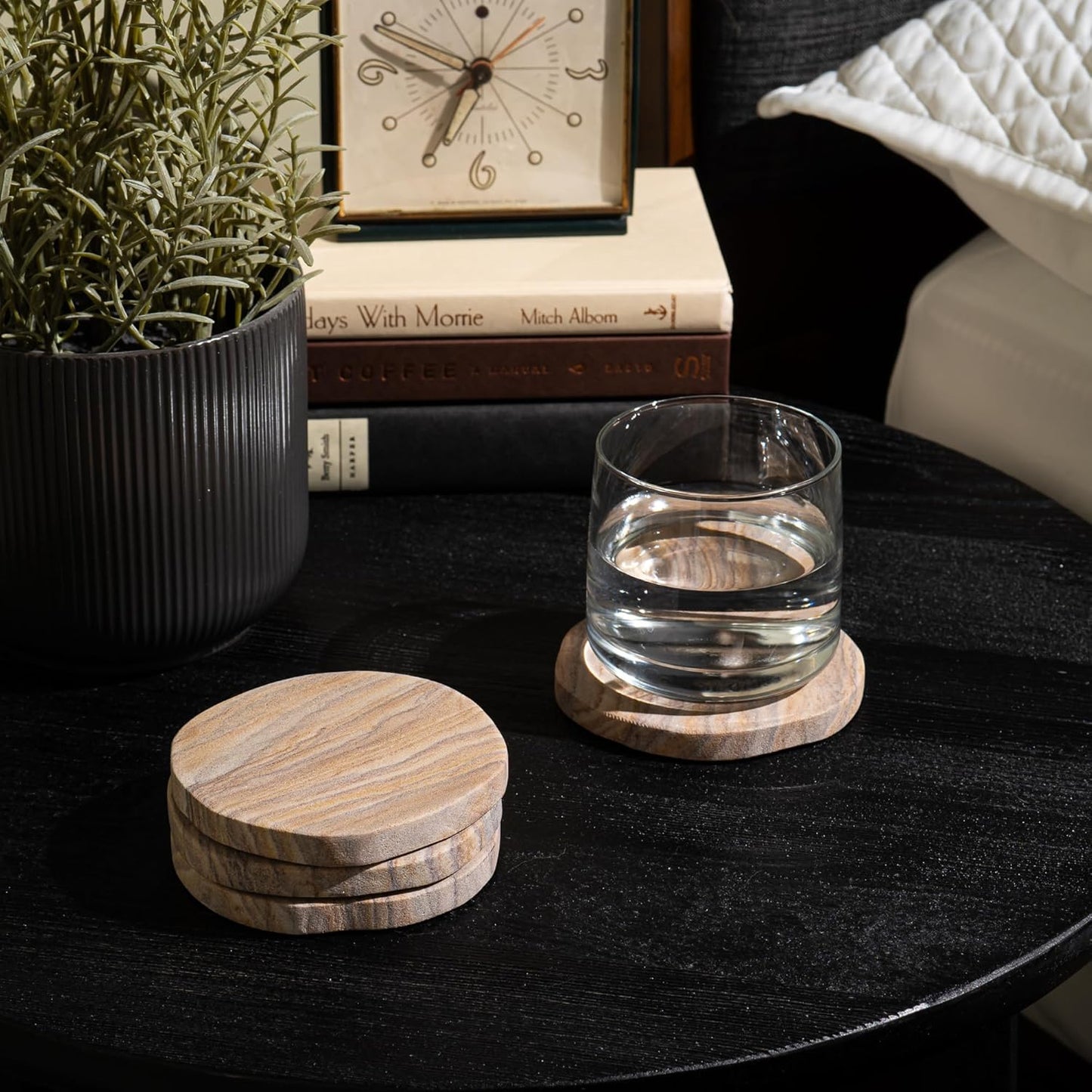 Cork & Mill Absorbent Coasters Set of 4 - Water Absorbing Sandstone Coasters for Drinks - Perfect for Coffee Table, Office Desk, Outdoor, Bedroom Nightstand - 4" Round - Unique Irregular Edge Design