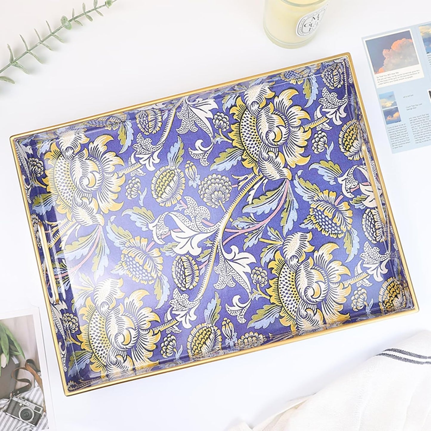 Rectangle Plastic Serving Tray with Handles, Elegant Decorative Tray for Coffee Table, Ottoman, Living Room, Kitchen, and Outdoor Use. 12"*16"*1.6", Wey