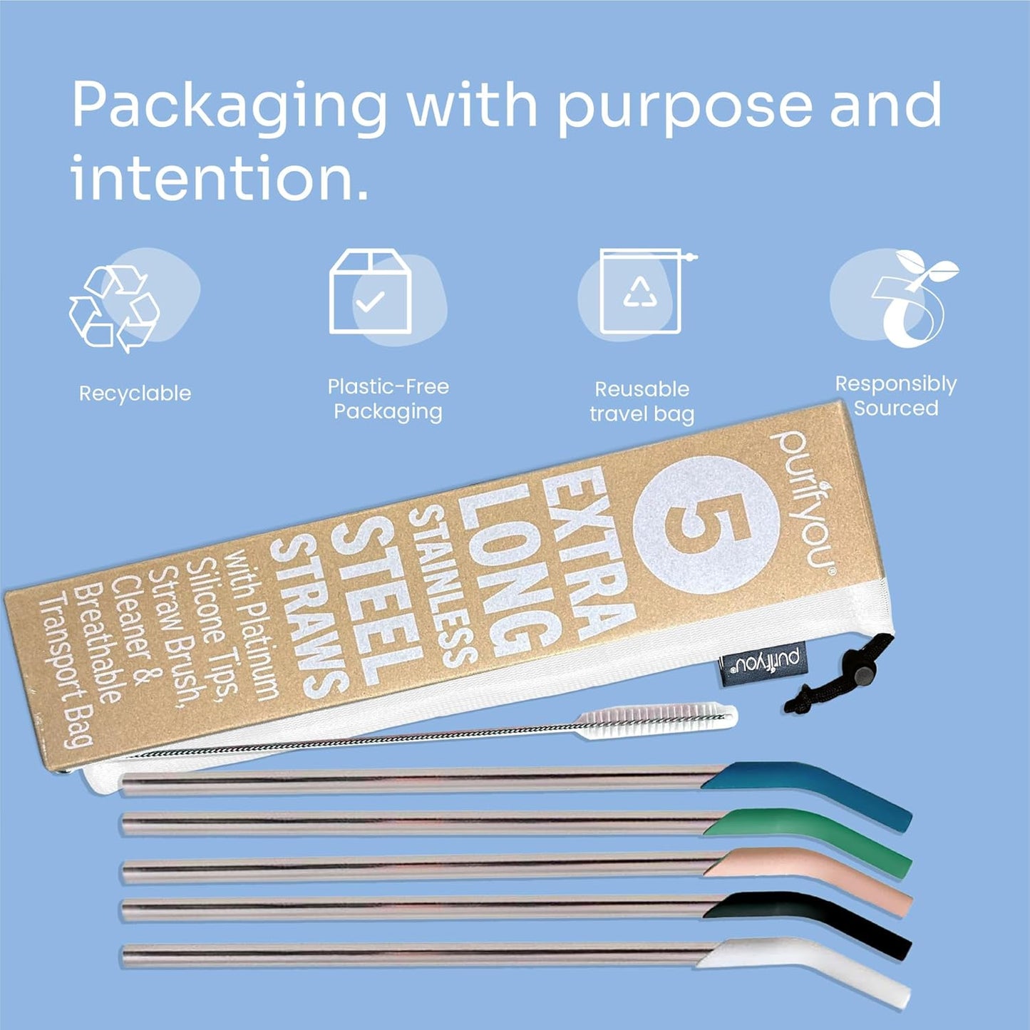 purifyou 14.5" Extra Long Stainless Steel Drinking Straws with Silicone Tips, Reusable Metal Straws for Tumblers, Smoothies, Milkshakes (Set of 5 with Brush)