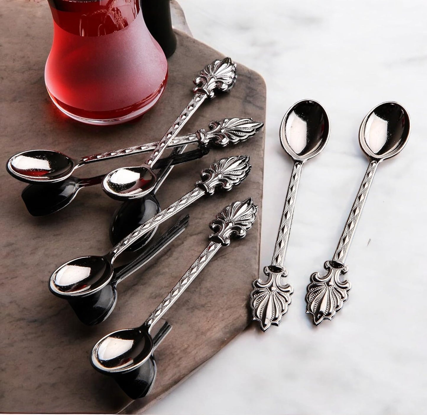Alisveristime Turkish Tea Spoons Set – 6-Piece Zamac Ottoman-Style Decorative Spoons for Tea & Coffee (4.3”) (Silver)