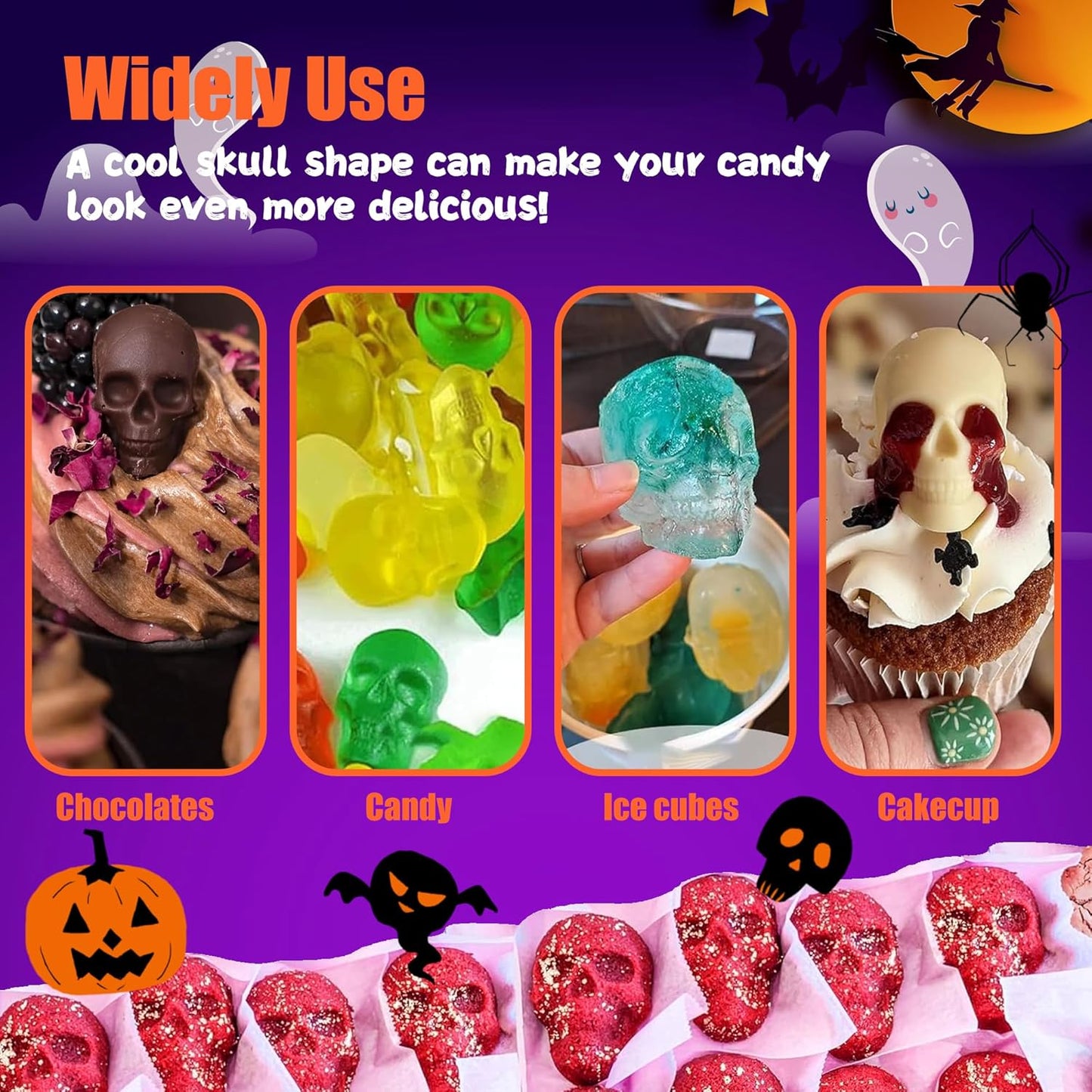 3 Pack Halloween Gummy Skull Candy Molds Silicone,Halloween Mini Skull Mold with 2 Droppers for Chocolate, Candy,Ice Cube - Orange,Red,Black