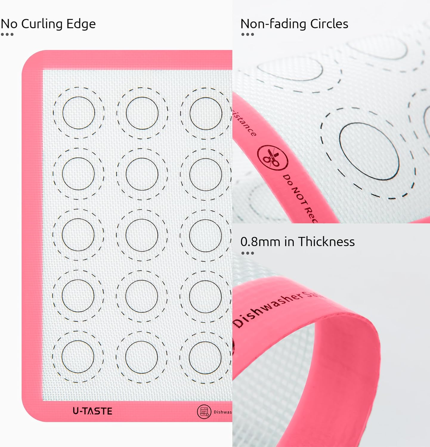 446ºF Heat Resistant Macaron Mat: U-Taste 11x11in Non Stick Silicone Baking Mat, Reusable Cookies Pastry Sheet Liner with Edge Enhancement & Circle Measurement for Square Cake Pan (2 PCS, Pink)