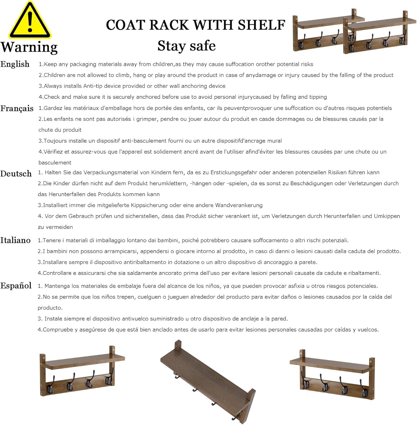 Coat Rack with Shelf, 2 Pack Bamboo Wall-Mounted Coat Hanger with 8 Hooks for Entryway, Hallway, Kitchen, Bathroom, Living Room, Utility Room (Black)