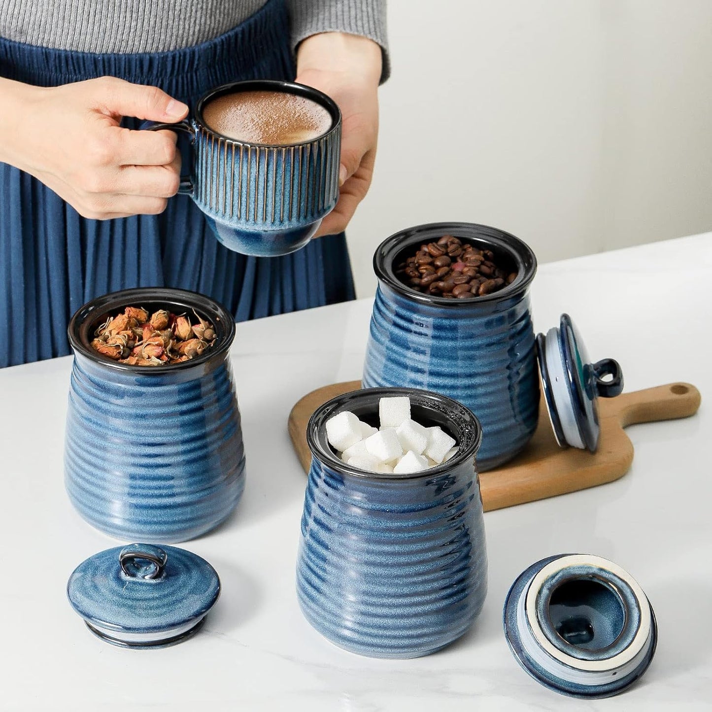 Hasense Ceramic Food Storage Jars Set of 3,25 FL OZ Kitchen Canisters with Airtight Lids, Coffee,Tea and Sugar Containers, Farmhouse Decor for Kitchen, Blue