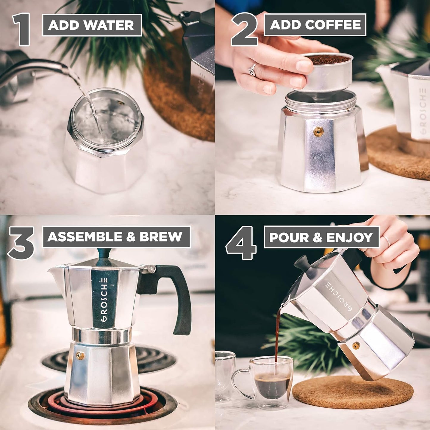 GROSCHE Milano Stovetop Espresso Maker Moka Pot 9 espresso cup, 15.2 oz, Silver Cuban Coffee Maker Stove top coffee maker Moka Italian espresso greca coffee maker brewer percolator