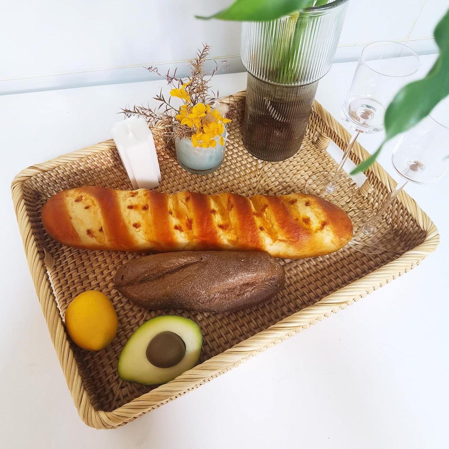 i-lan 17Inch Large Rectangle Rattan Serving Tray with Handles-Natural Wicker Breakfast Coffee Drinks Serving Platter,Kitchen Tabletop Decorative Serving Tray for Fruit,Vegetables and Snacks