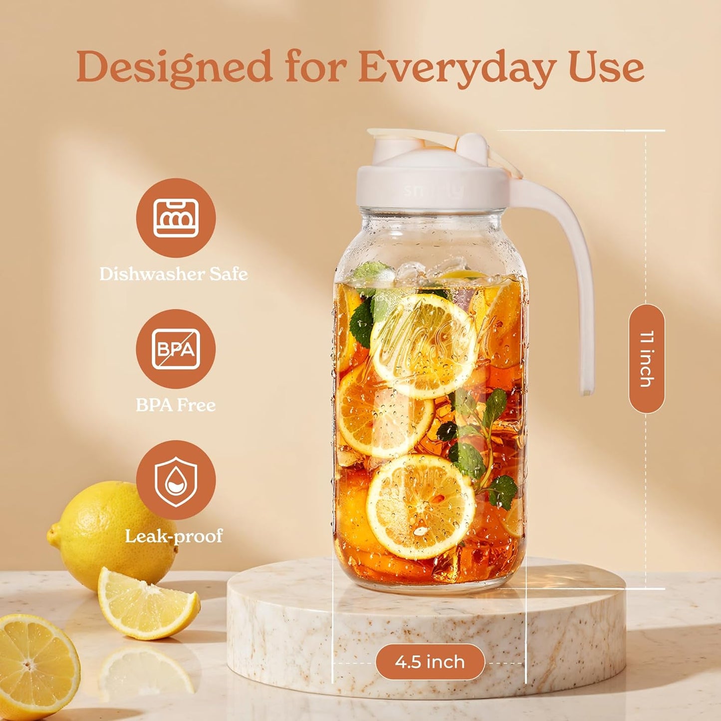 SMIRLY 64 oz Mason Jar Pitcher,Glass Pitcher with Wide Mouth,Water Jug with Double Leak Proof Lid for Iced Coffee,Hot Water,Breast Milk