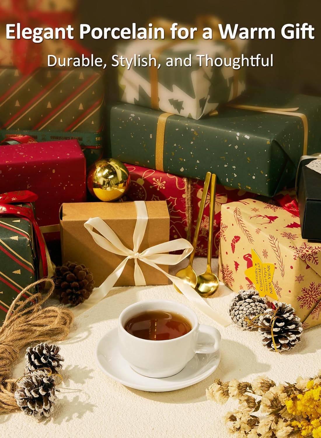 Yedio Porcelain 4 oz Espresso Coffee Cups with Saucers and Metal Stand, Porcelain White Stackable Cappuccino Cups Set of 4