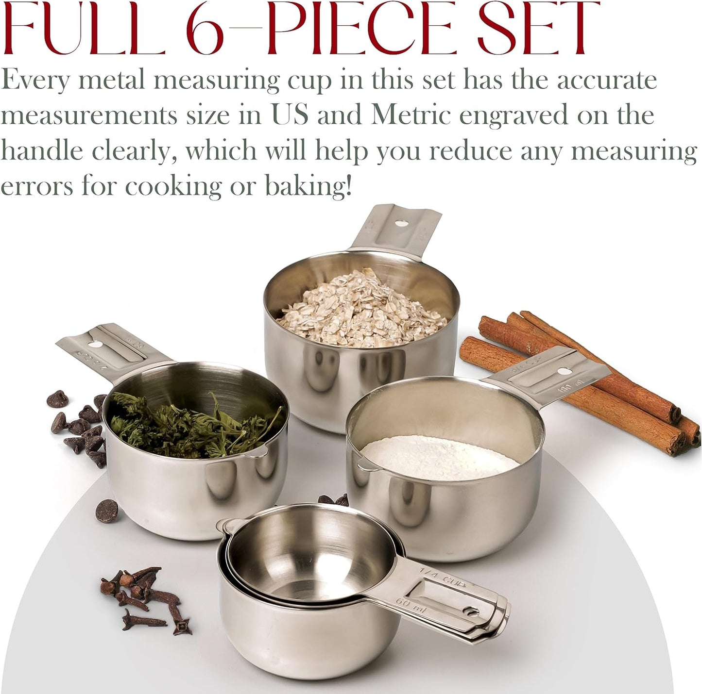 Bellemain One Piece Stainless Steel - Nesting measuring cups for Kitchen for Bakers, Dry - Ml & Oz measuring cup for Liquid, Metal, Set of 6