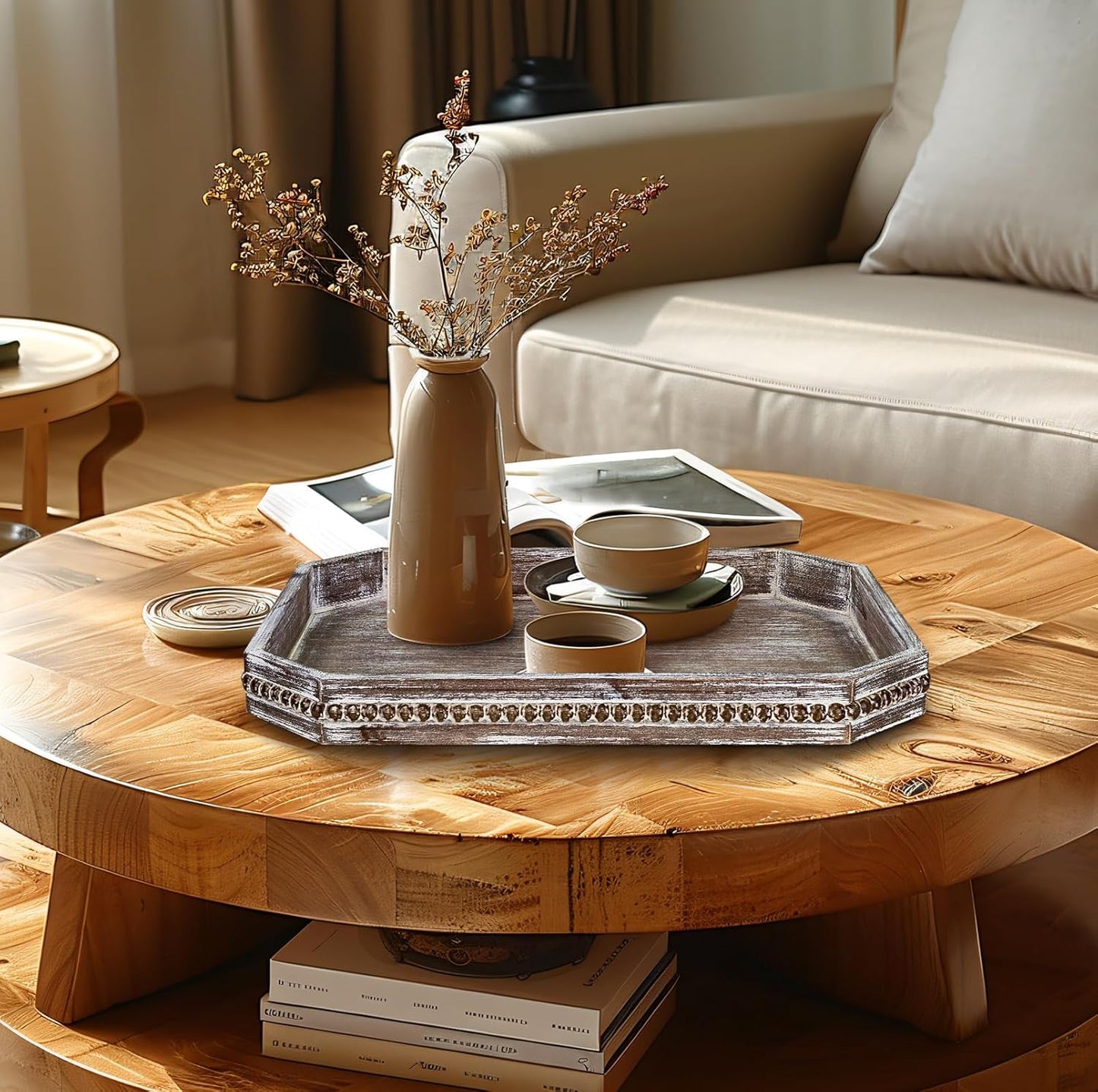 MAONAME Wood Serving Tray, Farmhouse Wooden Tray for Coffee Table, Octagonal Beaded Trays, Vintage Brown Decorative Trays for Living Room, Kitchen, 15.7" X 10.2" X 1.6"