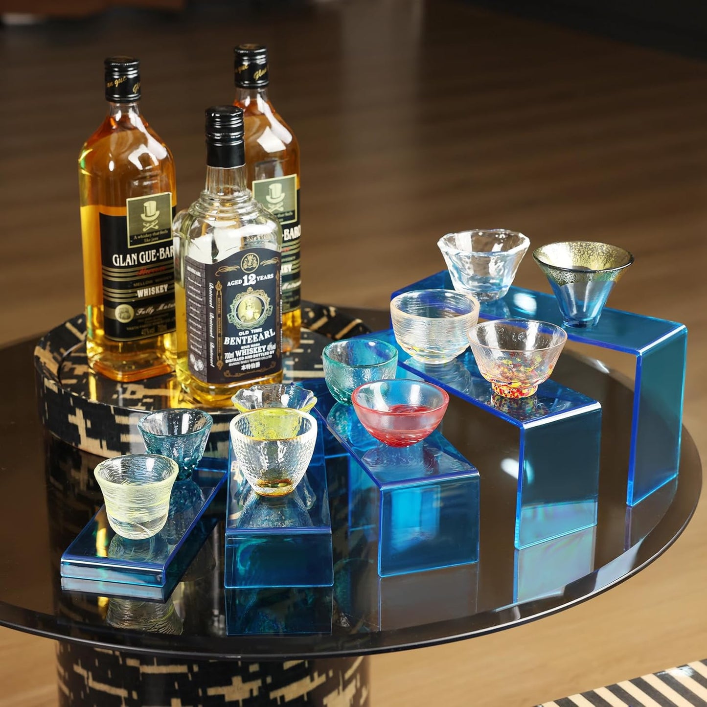 Goabroa Acrylic Display Risers, 2 Sets 10 Pcs Risers Display Stands, Rectangular Acrylic Shelves for Figures, Cupcake, Wine Glass and Handbag display, Transparent Cyan