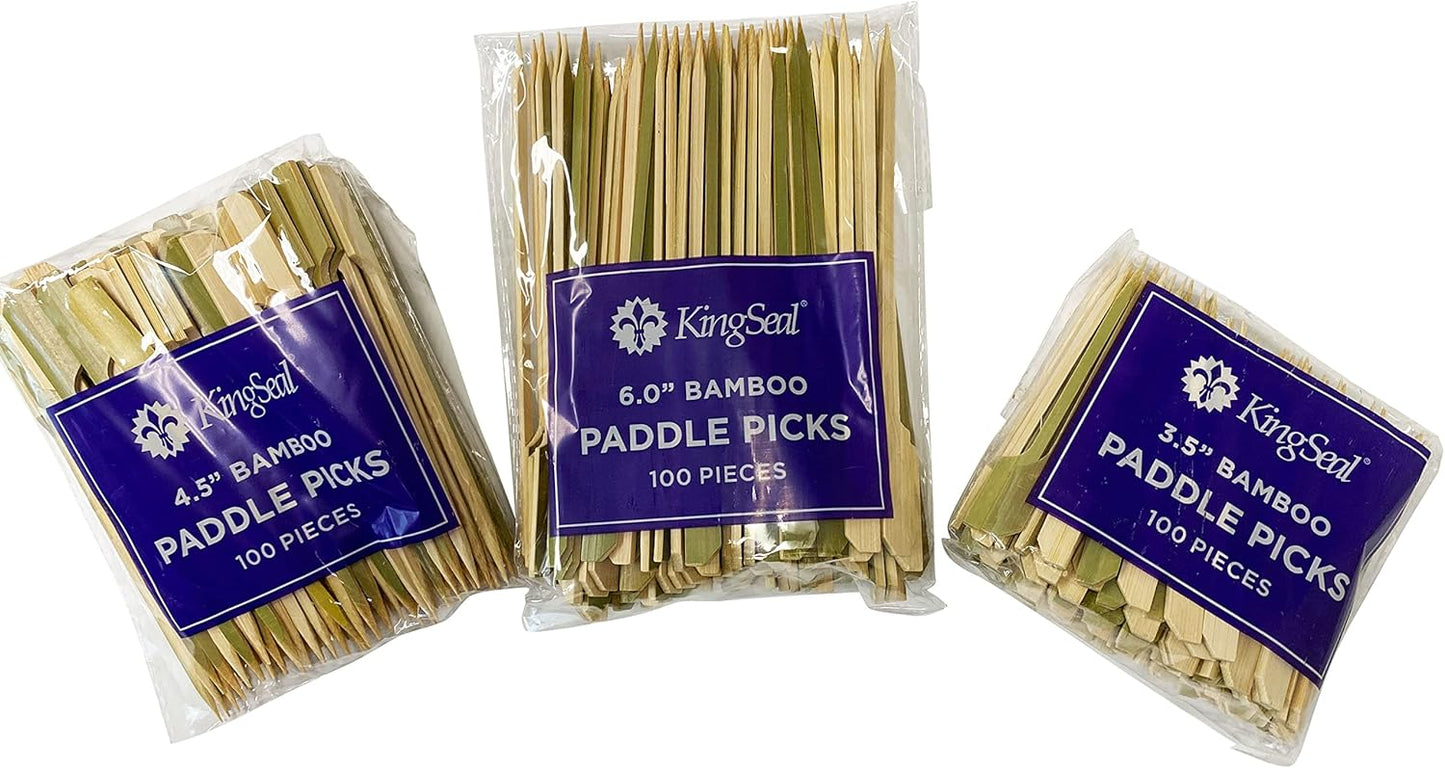 200 Count | KingSeal Natural Green Bamboo Wood Paddle Picks, Skewers for Appetizers and Cocktails, 3.5 Inches - 2 Packs of 100