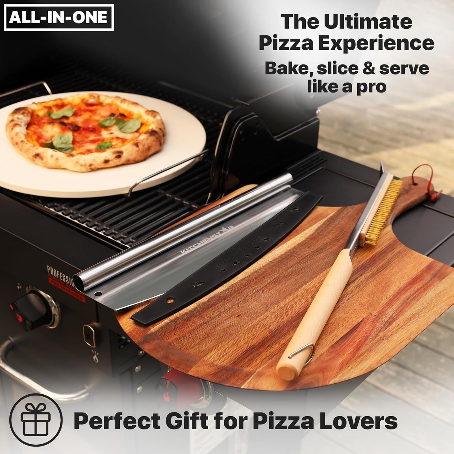 KitchenStar 16-inch Pizza Making Set, 4 Essential Tools - Pizza Stone + Stainless Steel Rack, Acacia Wood Pizza Peel, Pizza Cutter Rocker + Protective Cover, Metal Brush - Oven & Grill Accessories Kit