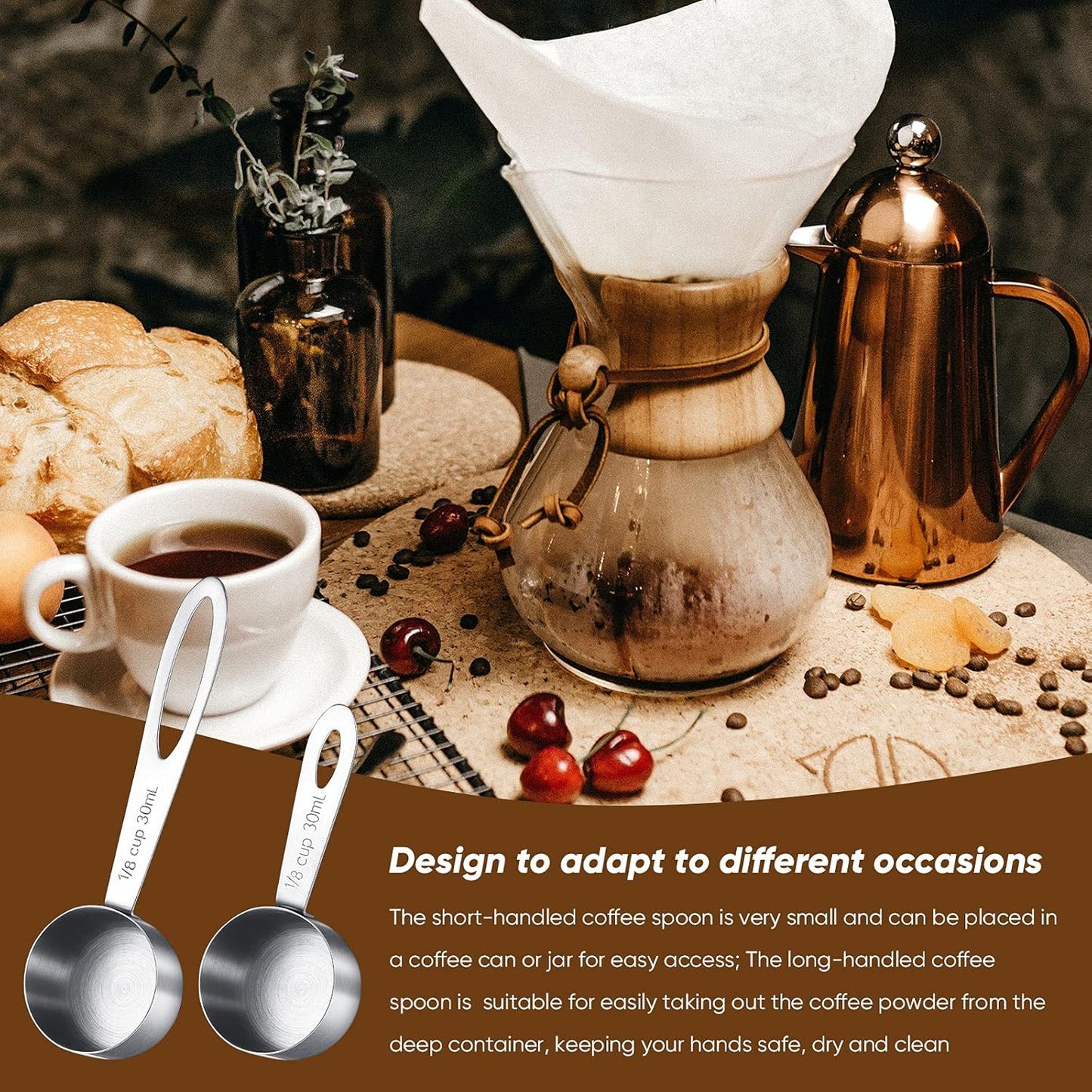 Geiserailie 4 Pcs Coffee Scoop 2 Tablespoon Stainless Steel Coffee Measuring Scoops, Including 2 Short Handled 2 Long Handle for Tea, Sugar and Milk, 30 Ml,1/8 Cup