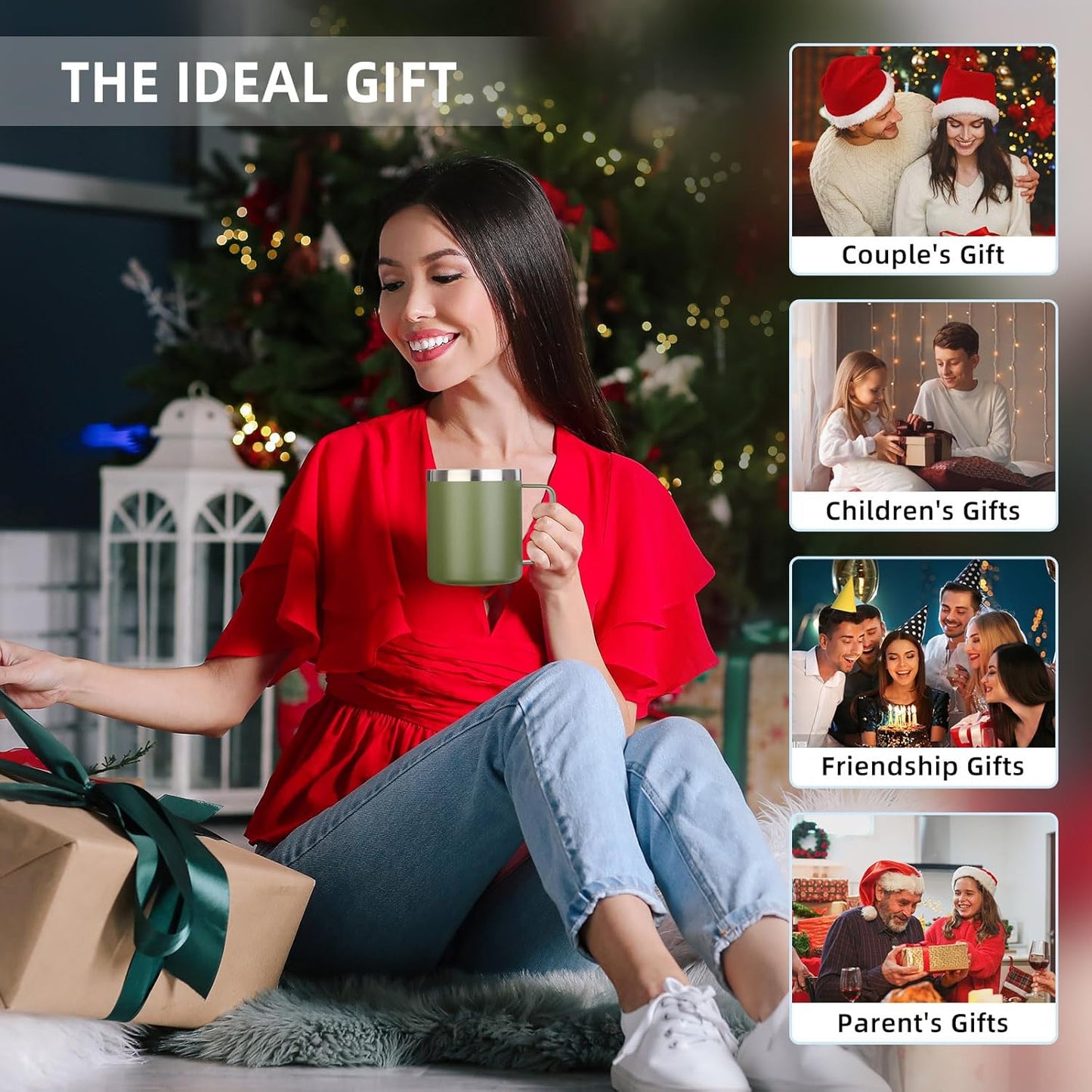 Volhoply 14oz Insulated Stainless Steel Coffee Mug with Lid Bulk 8 Pack,Double Wall Vacuum Travel Coffee Cup with Handle,Reusable Cups Tumbler,Camping Mugs Keep Hot, Ideal Gifts(Army Green,8)