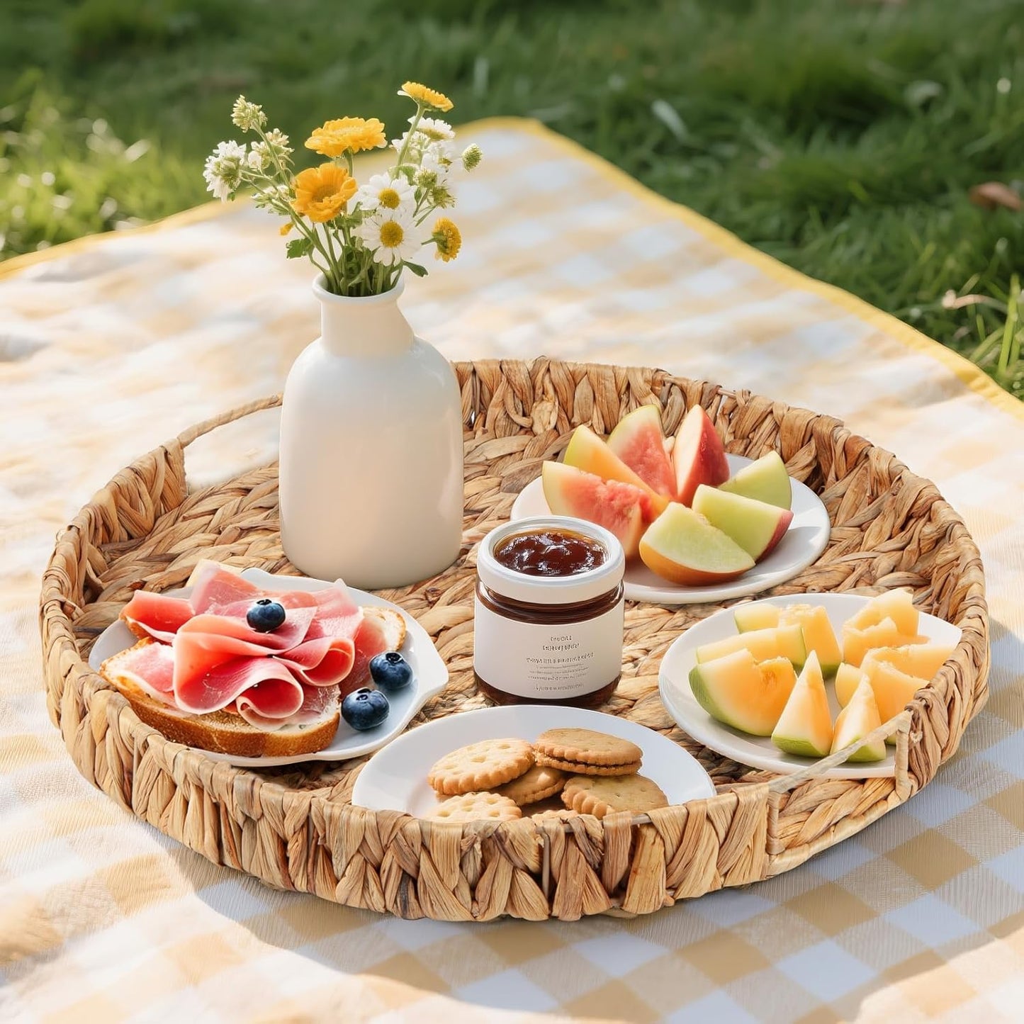 Round Ottoman Tray Large Wicker Serving Tray with Handles for Coffee Table, 20 Inch Handwoven Natural Water Hyacinth Tray