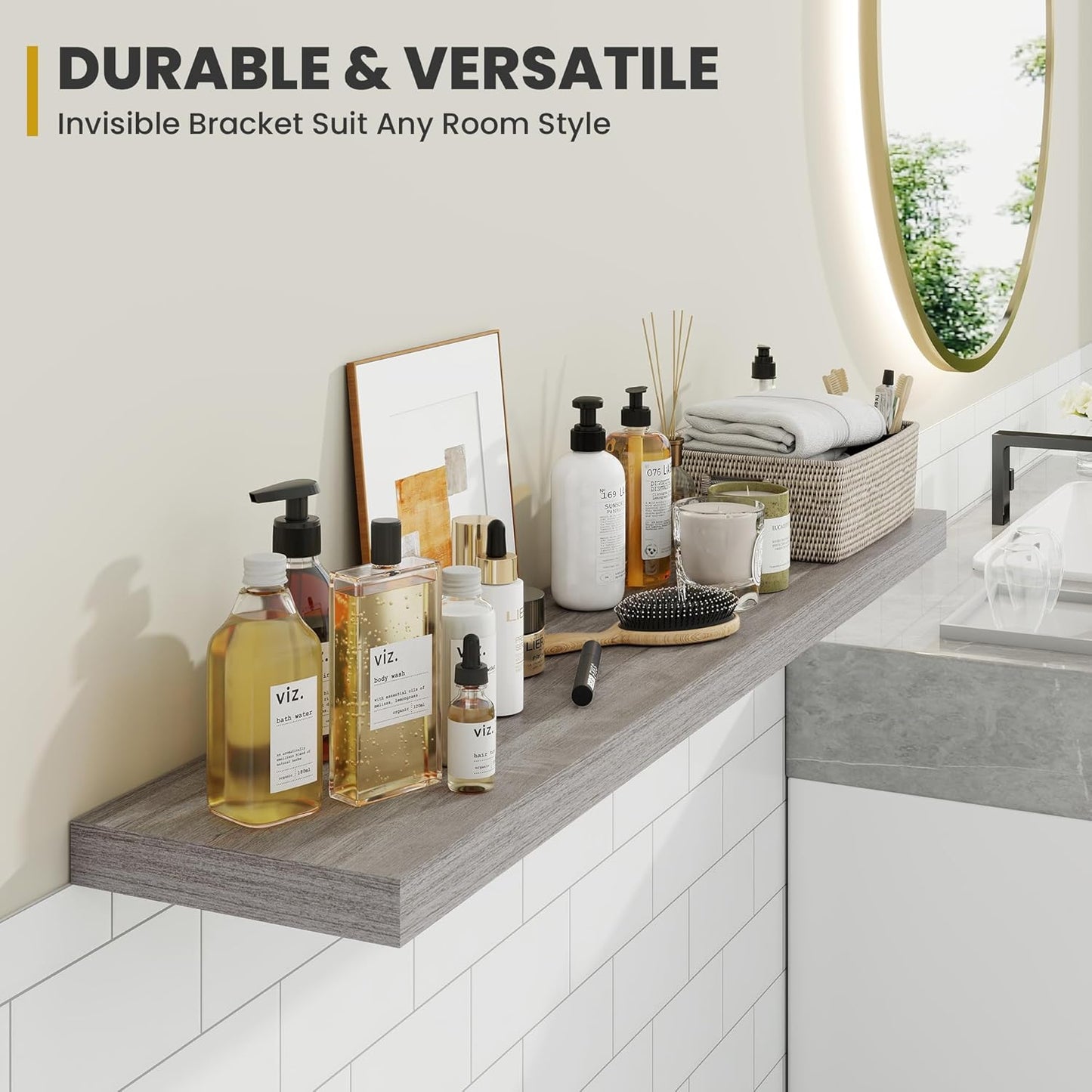 72 Inch Floating Shelves, 9.3" Deep Floating Shelf Wall Mounted, 72" Wall Shelves, Rustic Deep Bookshelf, Large Display Shelves & Storage Shelves for Bedroom, Living Room, Grey, Set of 1