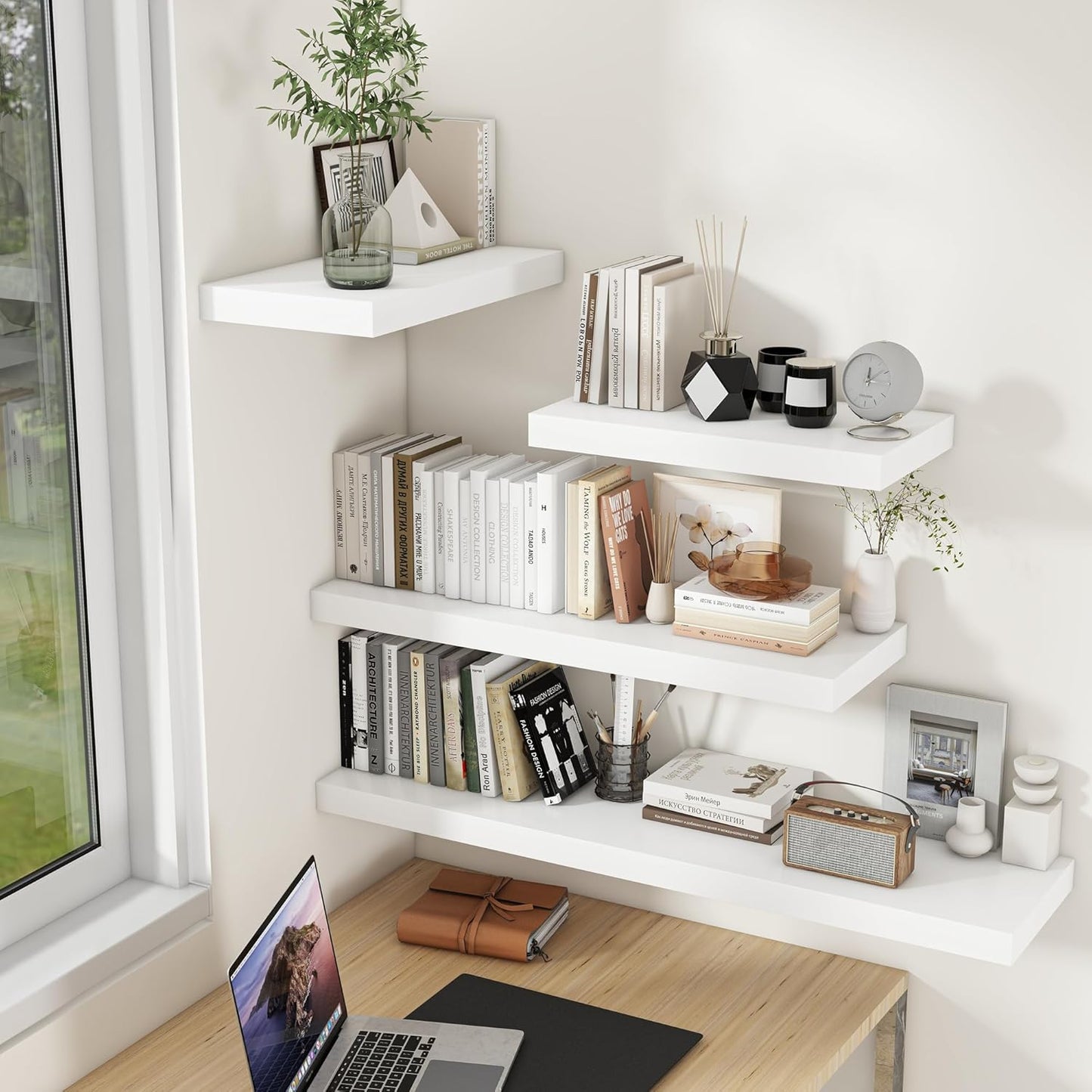 Fun Memories White Floating Shelves for Wall, 16 x 9 Inch Floating Shelf Set of 2, Rustic Natural Wood Wall Shelves, 9" Deep White Bathroom Shelves for Storage & Display