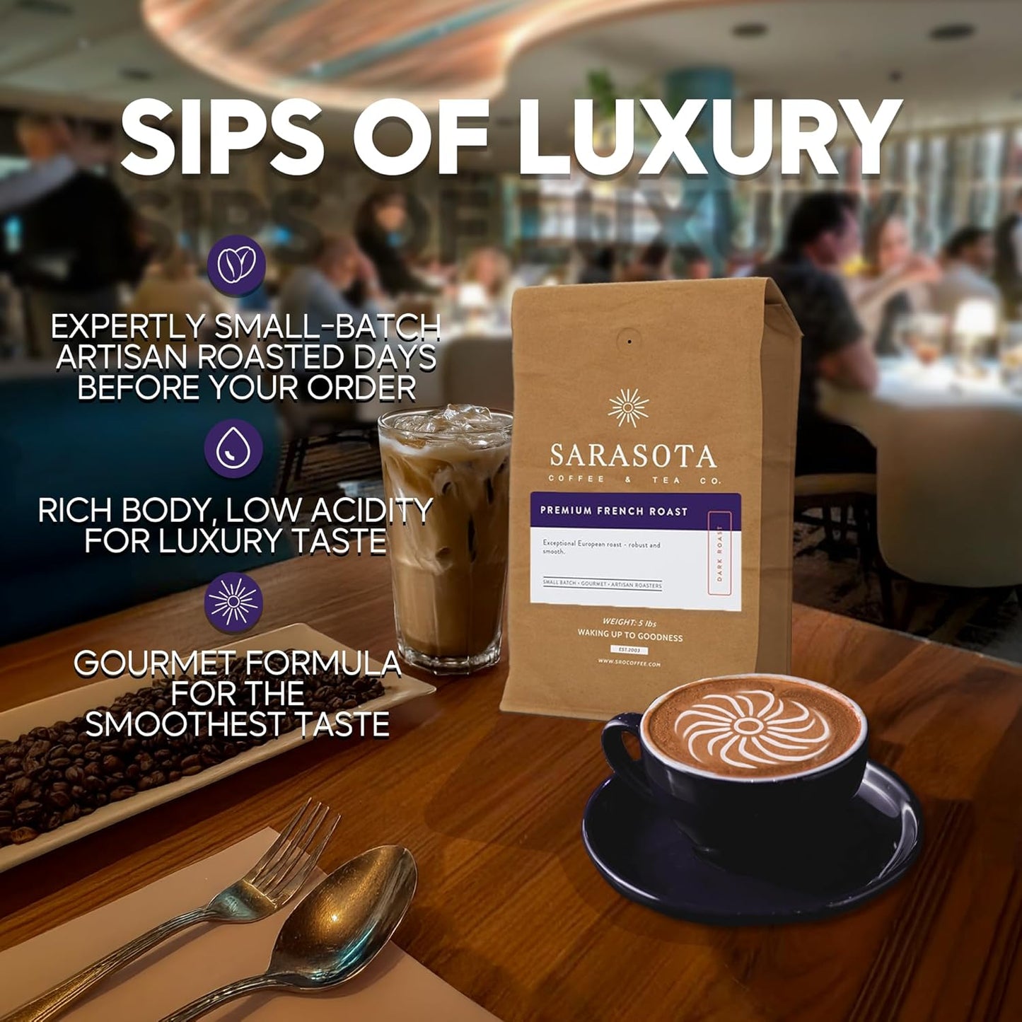 Sarasota Coffee Whole Bean Cubano European French Roast | Dark Roast Gourmet Coffee Beans | Low Acid, Mold Free, Specialty Grade Bulk Coffee Beans | 5lb (80 oz)